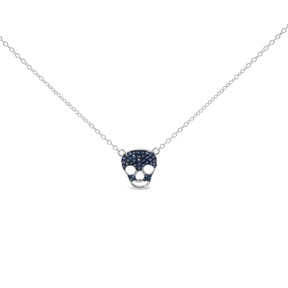 .925 Sterling Silver 1/7 Cttw Blue Diamond Skull Pendant Necklace (Blue Color, SI1-SI2 Clarity) - 18&quot; Inches