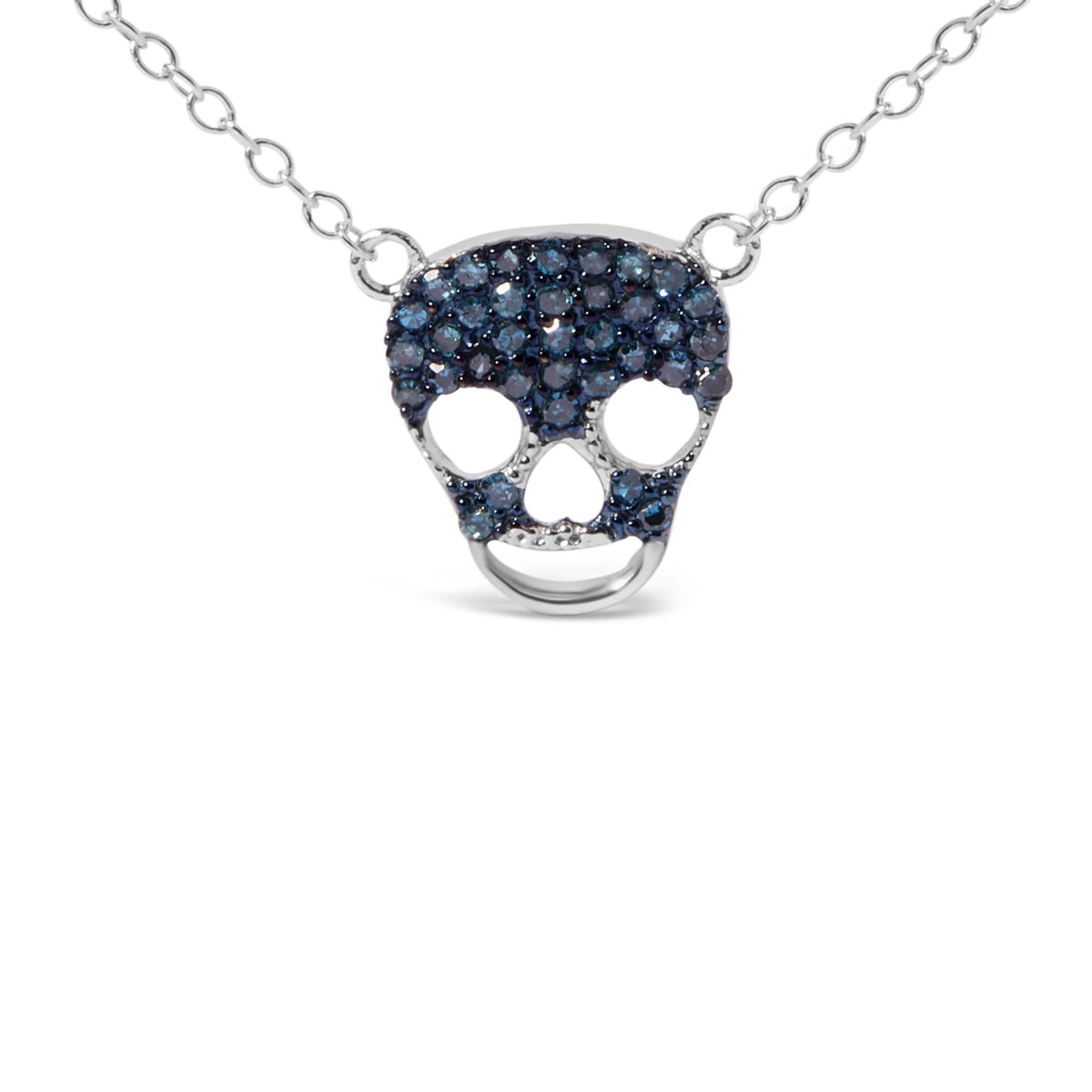 .925 Sterling Silver 1/7 Cttw Blue Diamond Skull Pendant Necklace (Blue Color, SI1-SI2 Clarity) - 18&quot; Inches