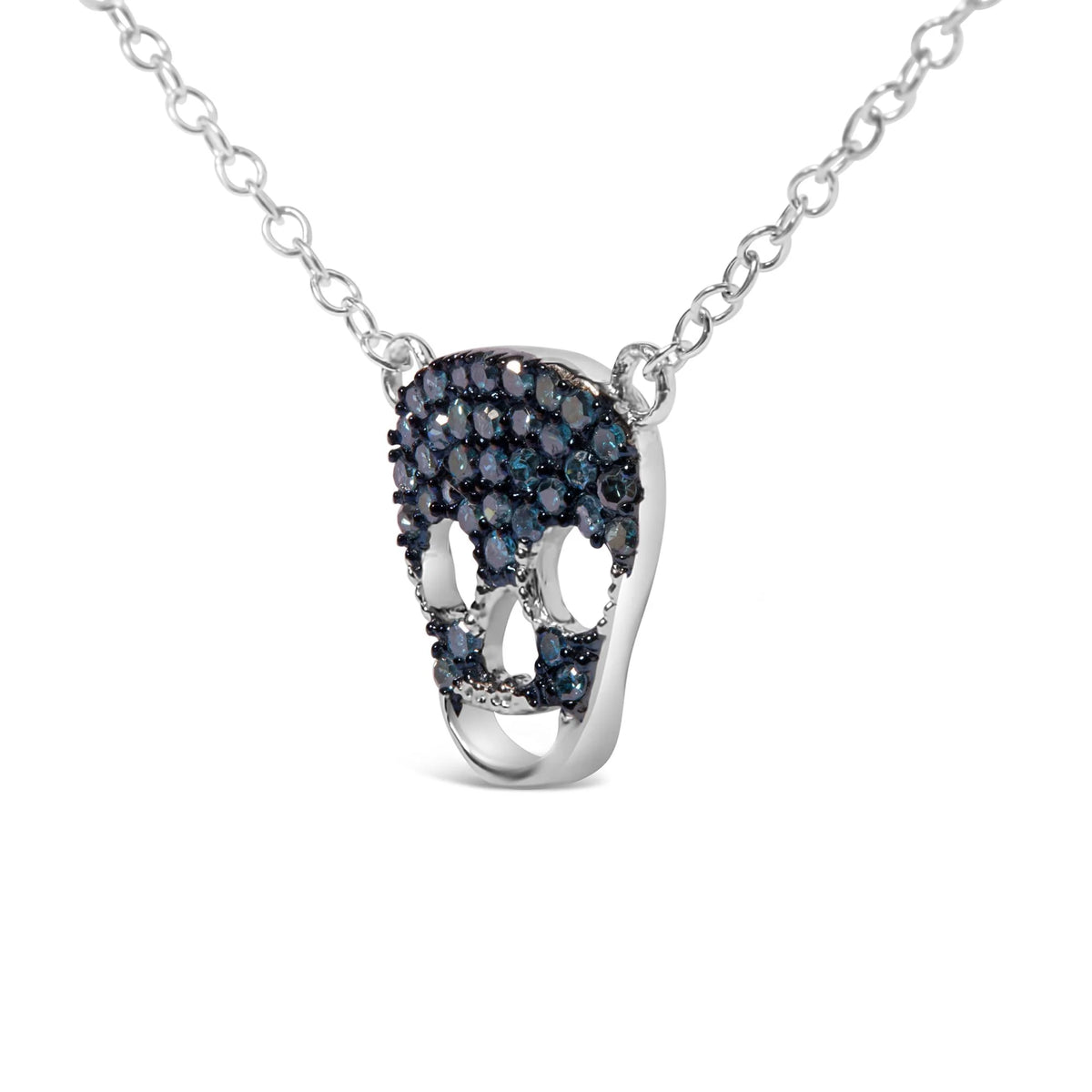 .925 Sterling Silver 1/7 Cttw Blue Diamond Skull Pendant Necklace (Blue Color, SI1-SI2 Clarity) - 18&quot; Inches