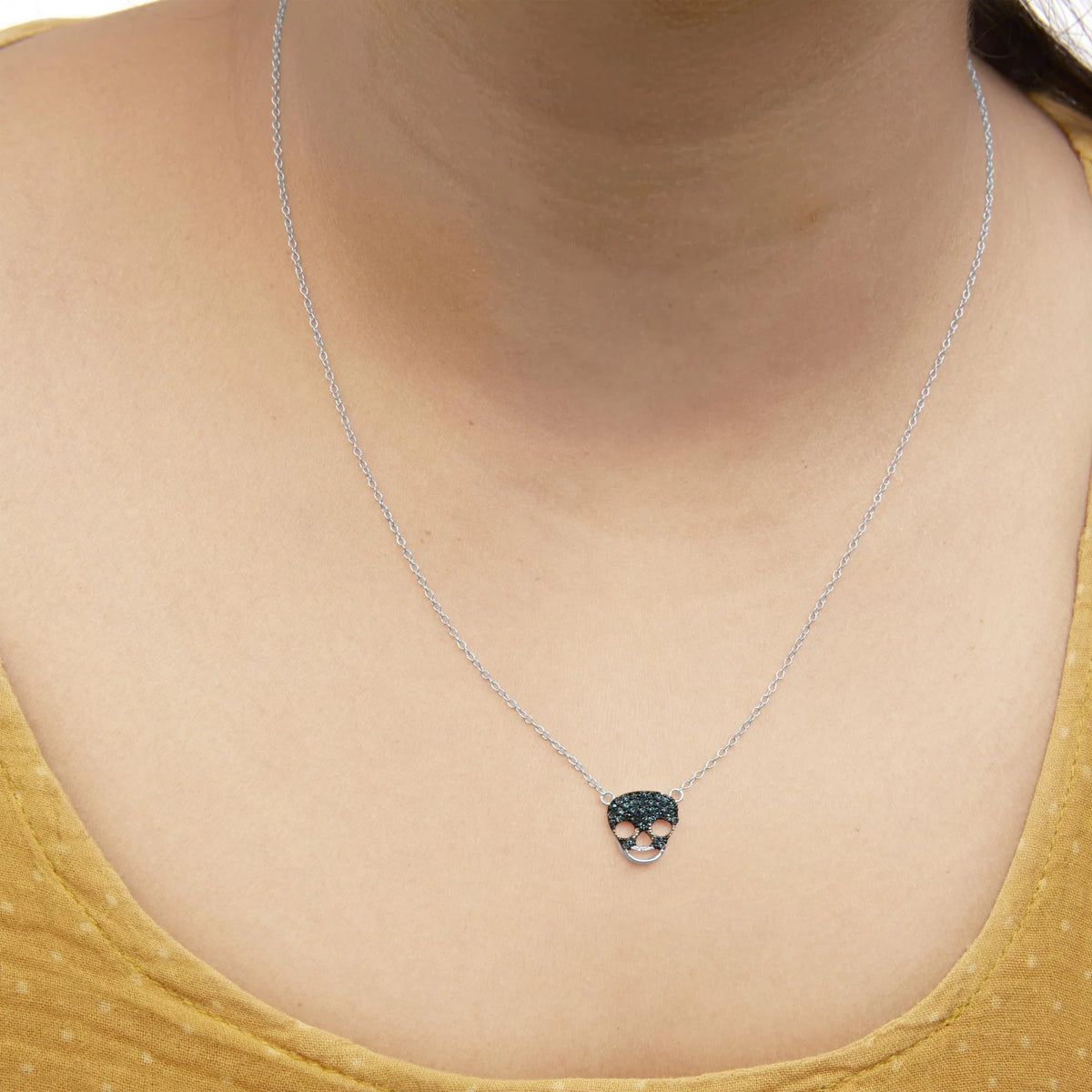 .925 Sterling Silver 1/7 Cttw Blue Diamond Skull Pendant Necklace (Blue Color, SI1-SI2 Clarity) - 18&quot; Inches