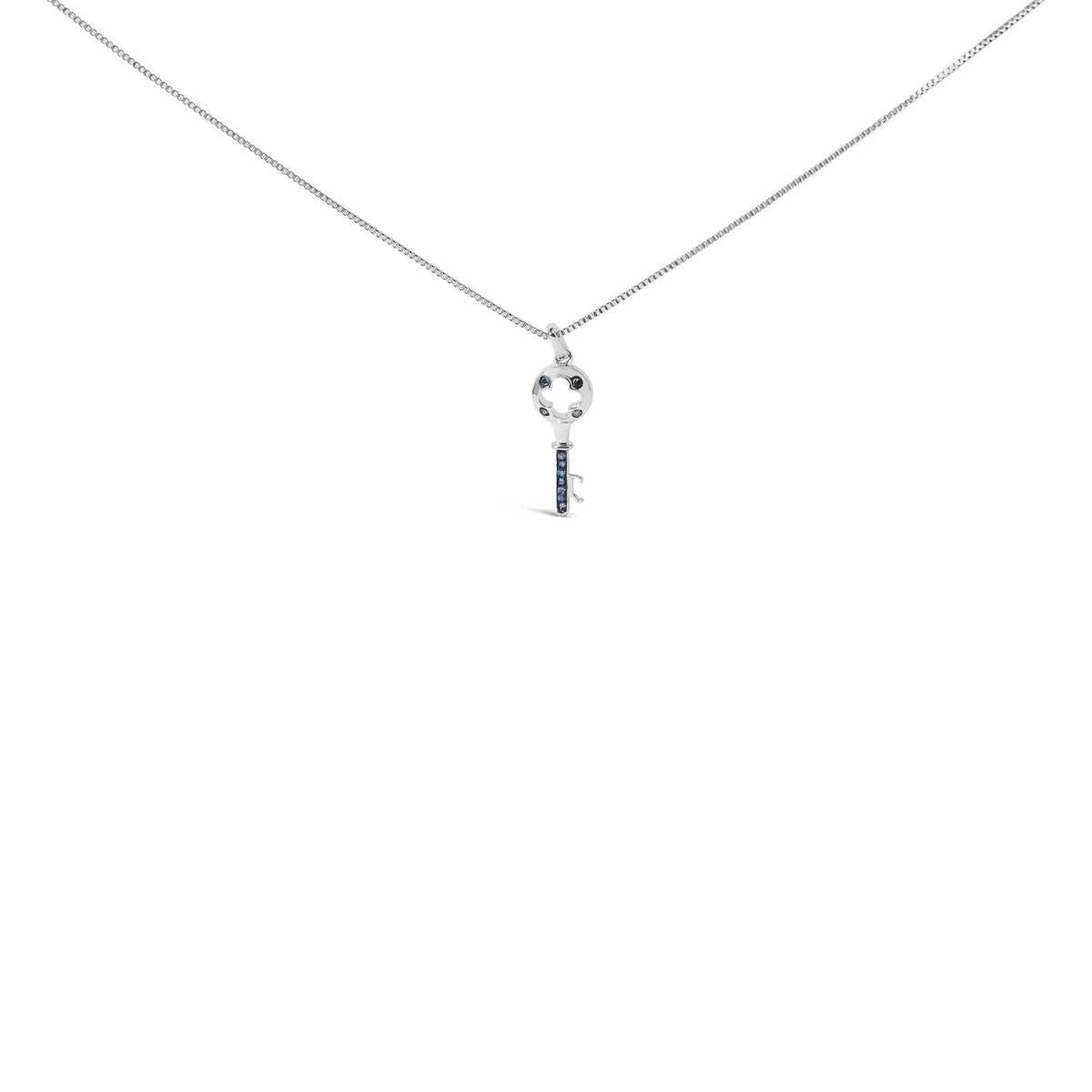 .925 Sterling Silver Blue Diamond Accent Key Pendant Necklace (Blue Color, I2-I3 Clarity) - 18&quot; Inches