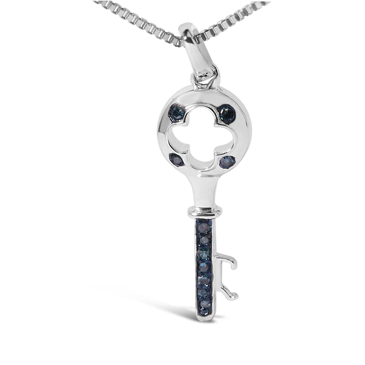 .925 Sterling Silver Blue Diamond Accent Key Pendant Necklace (Blue Color, I2-I3 Clarity) - 18&quot; Inches