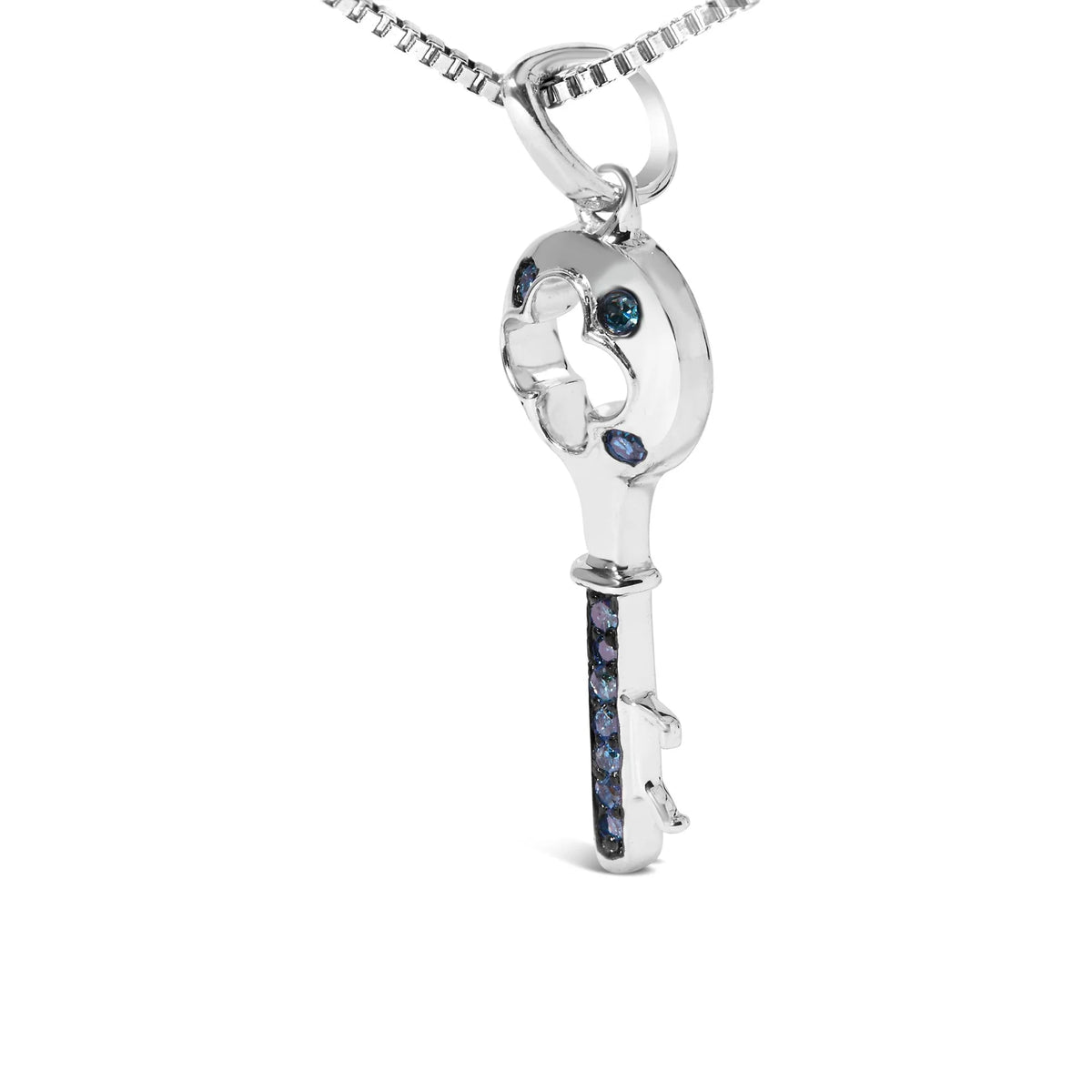 .925 Sterling Silver Blue Diamond Accent Key Pendant Necklace (Blue Color, I2-I3 Clarity) - 18&quot; Inches