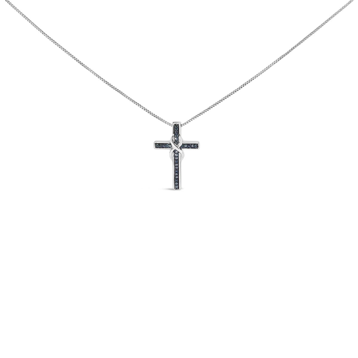 .925 Sterling Silver 1/10 Cttw Blue Diamond Inlaid Cross with Ribbon Pendant Necklace (Blue Color, I2-I3 Clarity) - 18&quot;