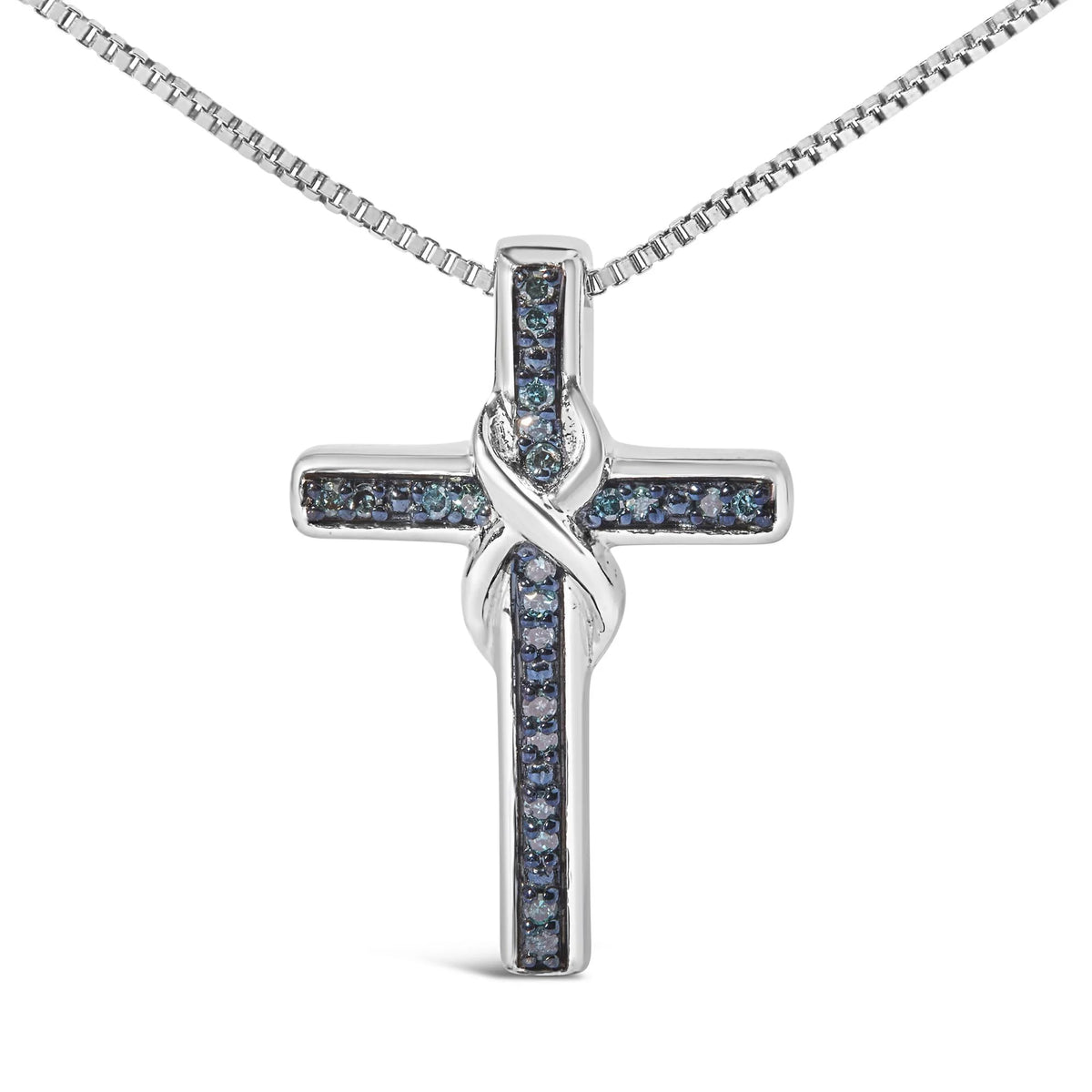 .925 Sterling Silver 1/10 Cttw Blue Diamond Inlaid Cross with Ribbon Pendant Necklace (Blue Color, I2-I3 Clarity) - 18&quot;