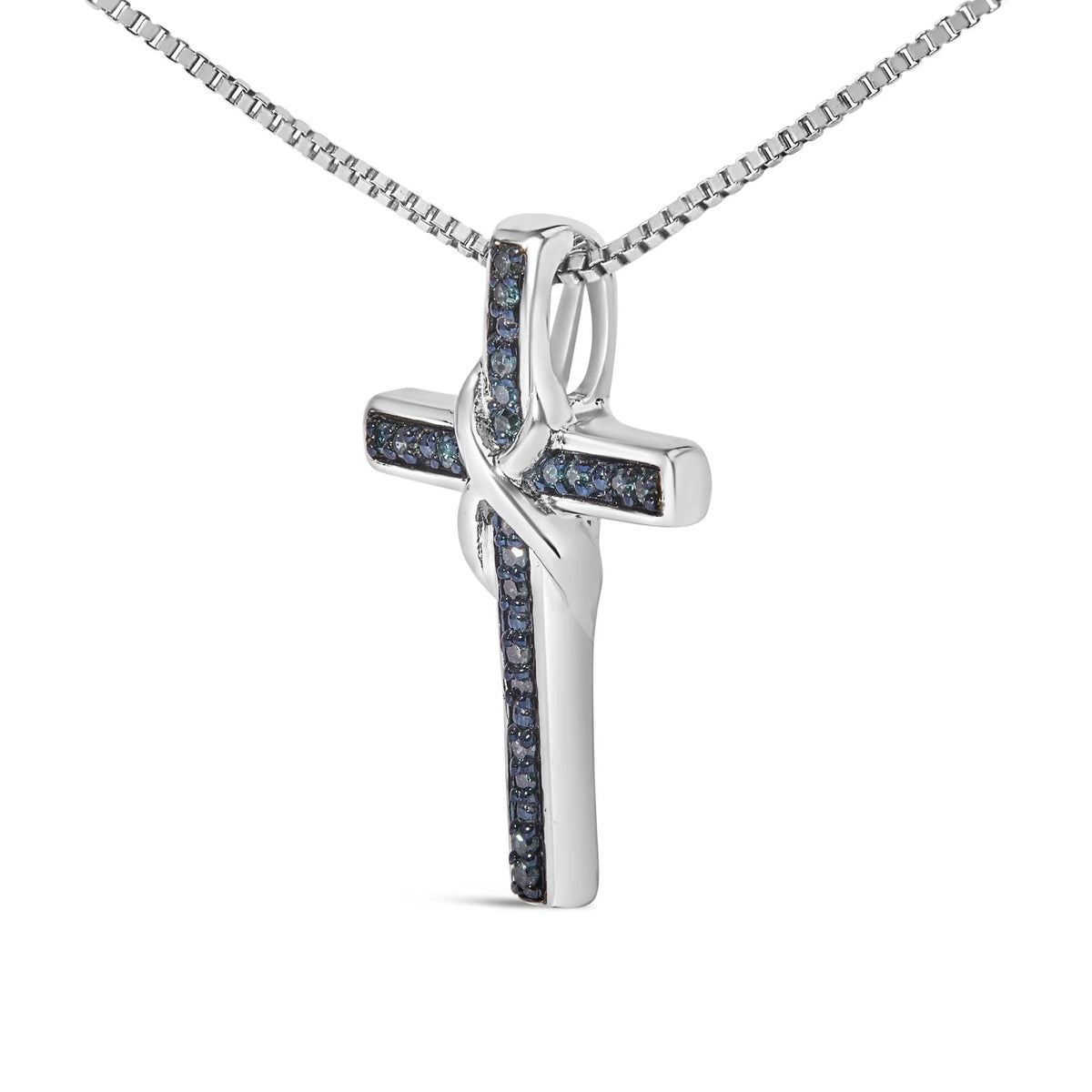 .925 Sterling Silver 1/10 Cttw Blue Diamond Inlaid Cross with Ribbon Pendant Necklace (Blue Color, I2-I3 Clarity) - 18&quot;