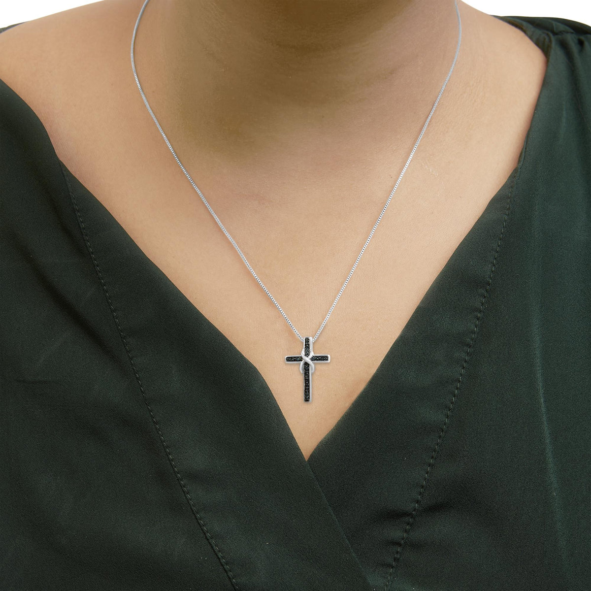 .925 Sterling Silver 1/10 Cttw Blue Diamond Inlaid Cross with Ribbon Pendant Necklace (Blue Color, I2-I3 Clarity) - 18&quot;