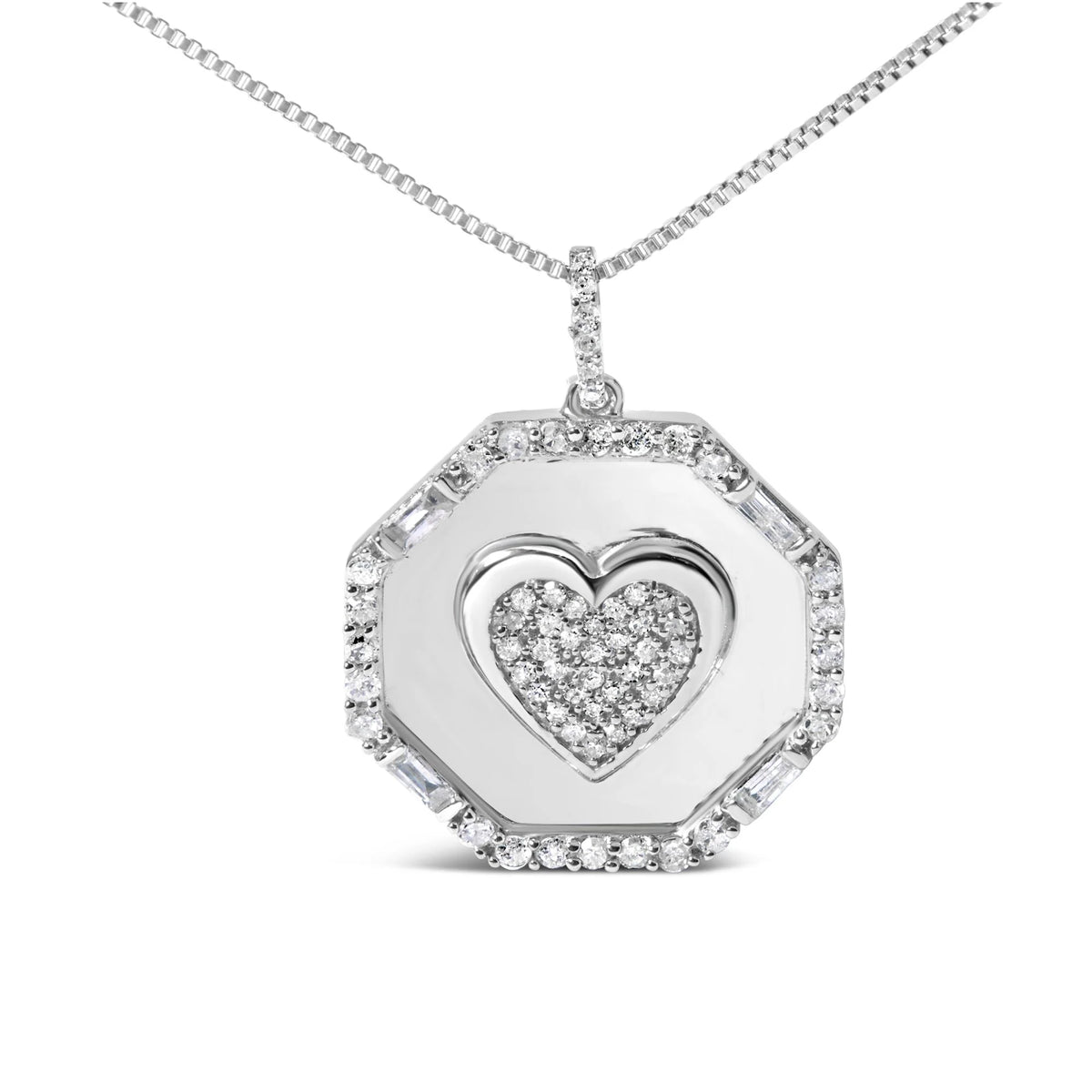 .925 Sterling Silver 5/8 Cttw Diamond Mirror Plate with Heart and Diamond Halo 18&quot; Pendant Necklace (H-I Color, I2-I3 Clarity)