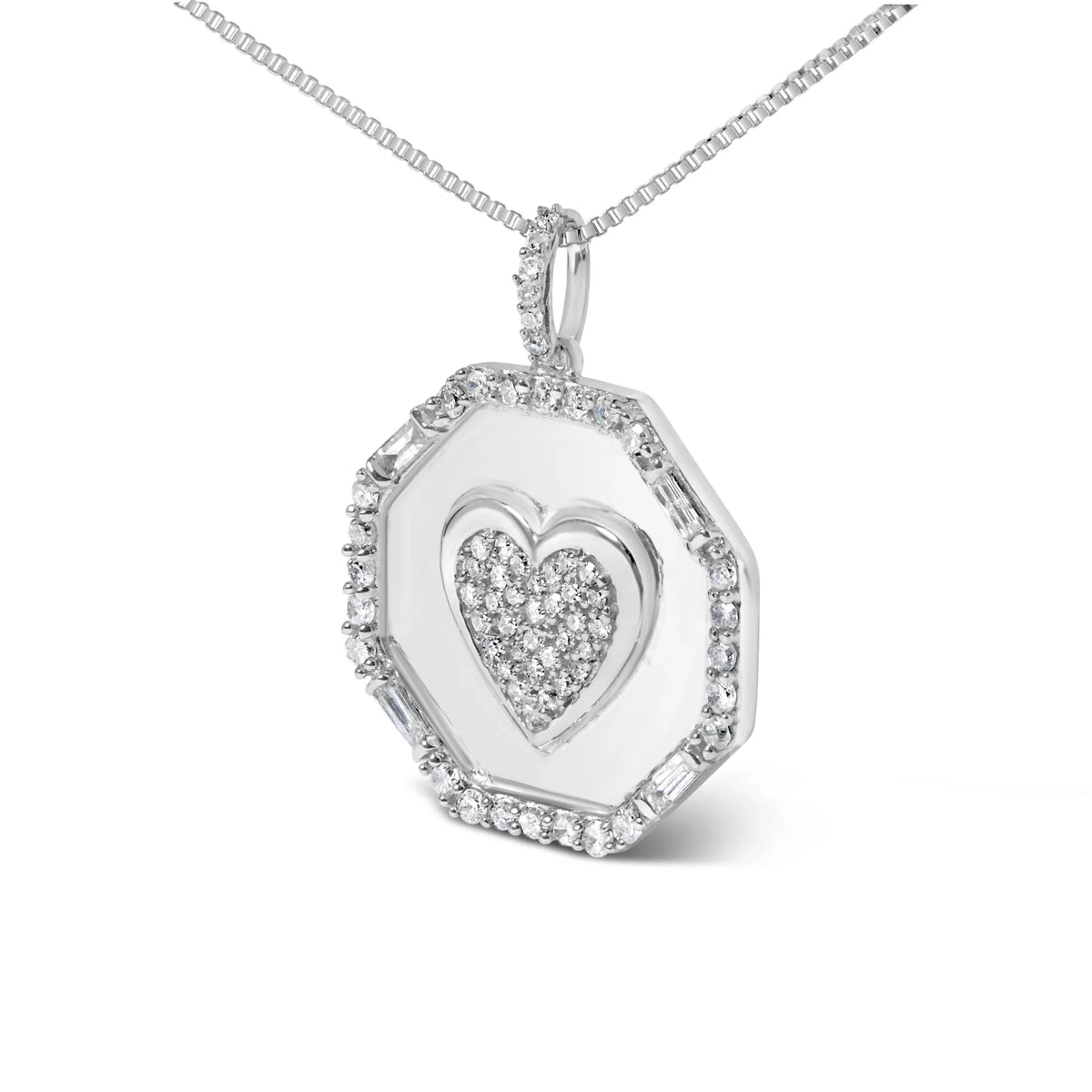 .925 Sterling Silver 5/8 Cttw Diamond Mirror Plate with Heart and Diamond Halo 18&quot; Pendant Necklace (H-I Color, I2-I3 Clarity)