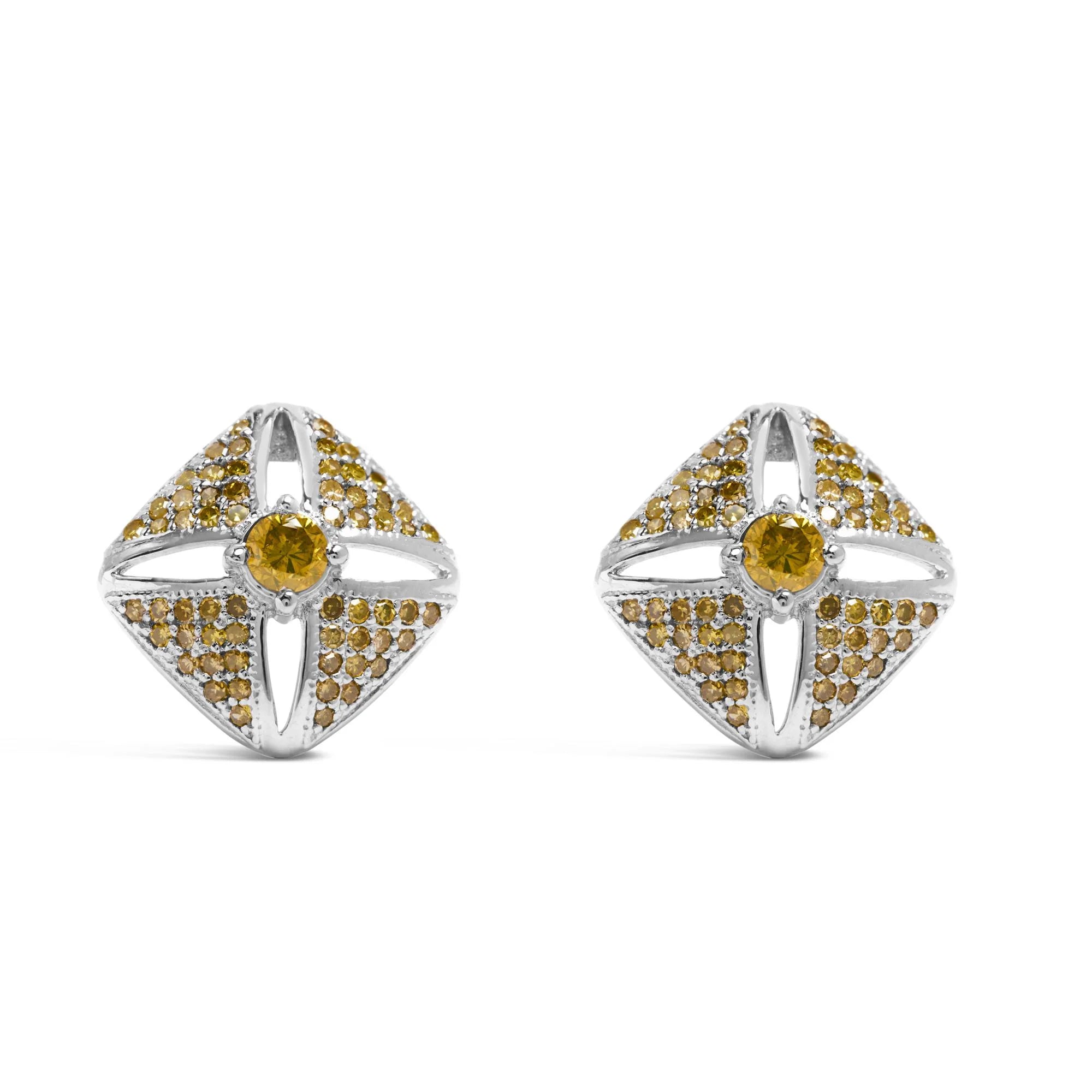 .925 Sterling Silver 1.0 Cttw Yellow Diamond Studded Rhombus Stud Earring (Yellow Color, I2-I3 Clarity)