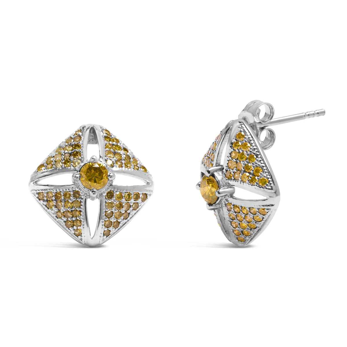 .925 Sterling Silver 1.0 Cttw Yellow Diamond Studded Rhombus Stud Earring (Yellow Color, I2-I3 Clarity)