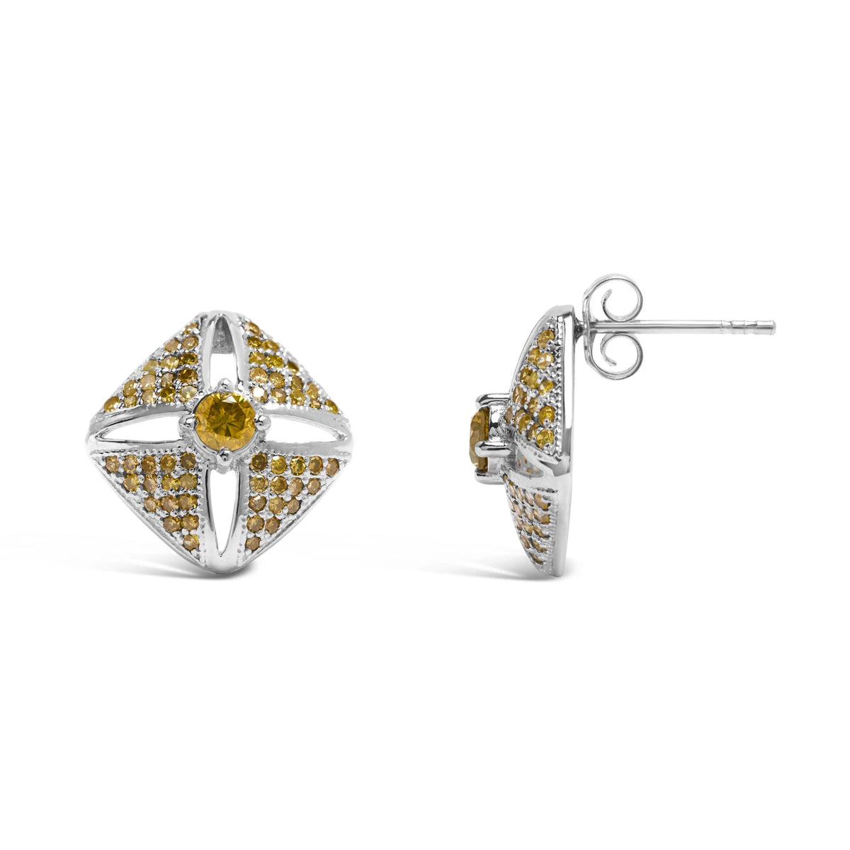 .925 Sterling Silver 1.0 Cttw Yellow Diamond Studded Rhombus Stud Earring (Yellow Color, I2-I3 Clarity)