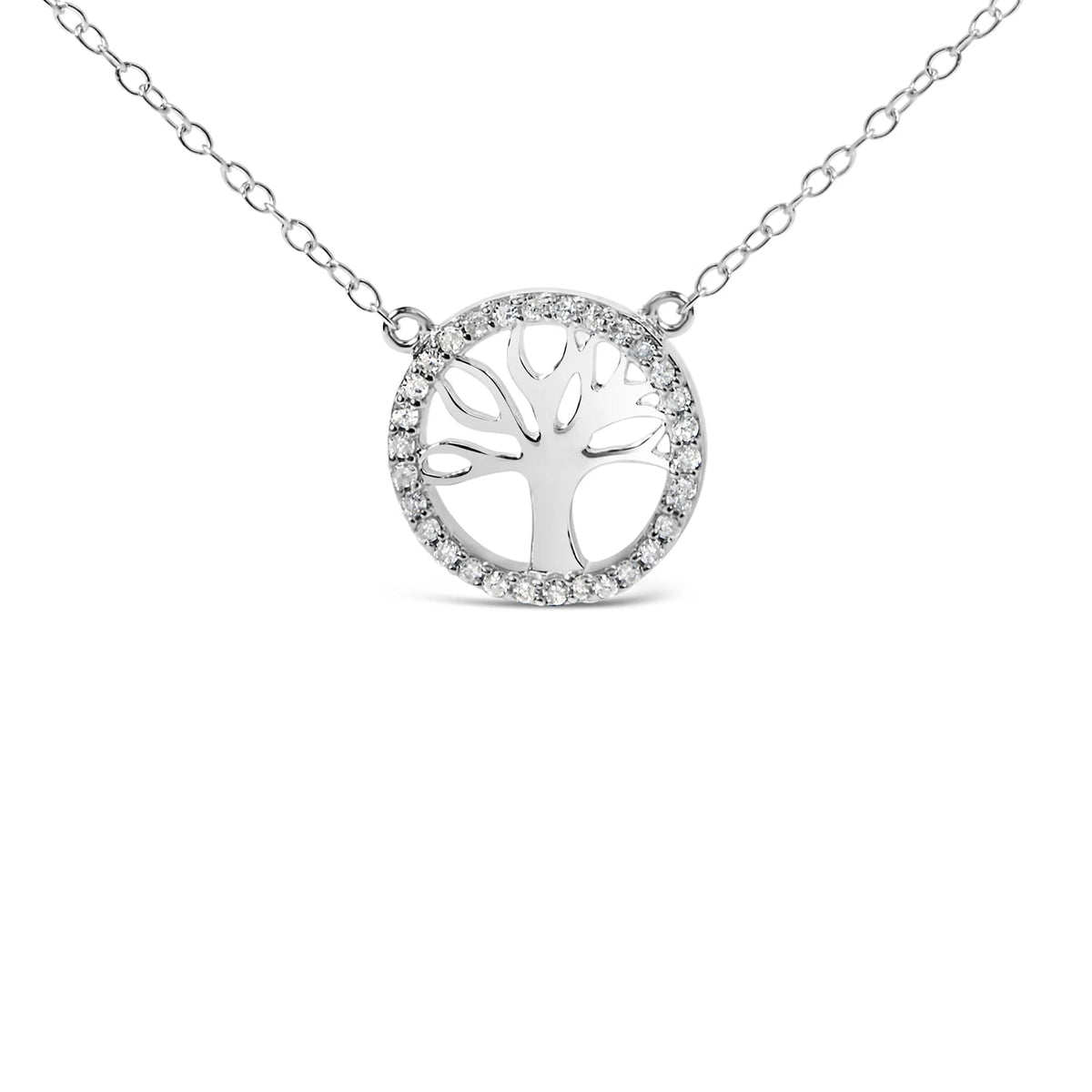 .925 Sterling Silver 1/6 Cttw Diamond Tree of Life and Circle 18&quot; Pendant Necklace (H-I Color, I1-I2 Clarity)