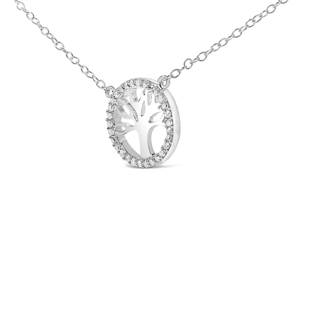 .925 Sterling Silver 1/6 Cttw Diamond Tree of Life and Circle 18&quot; Pendant Necklace (H-I Color, I1-I2 Clarity)