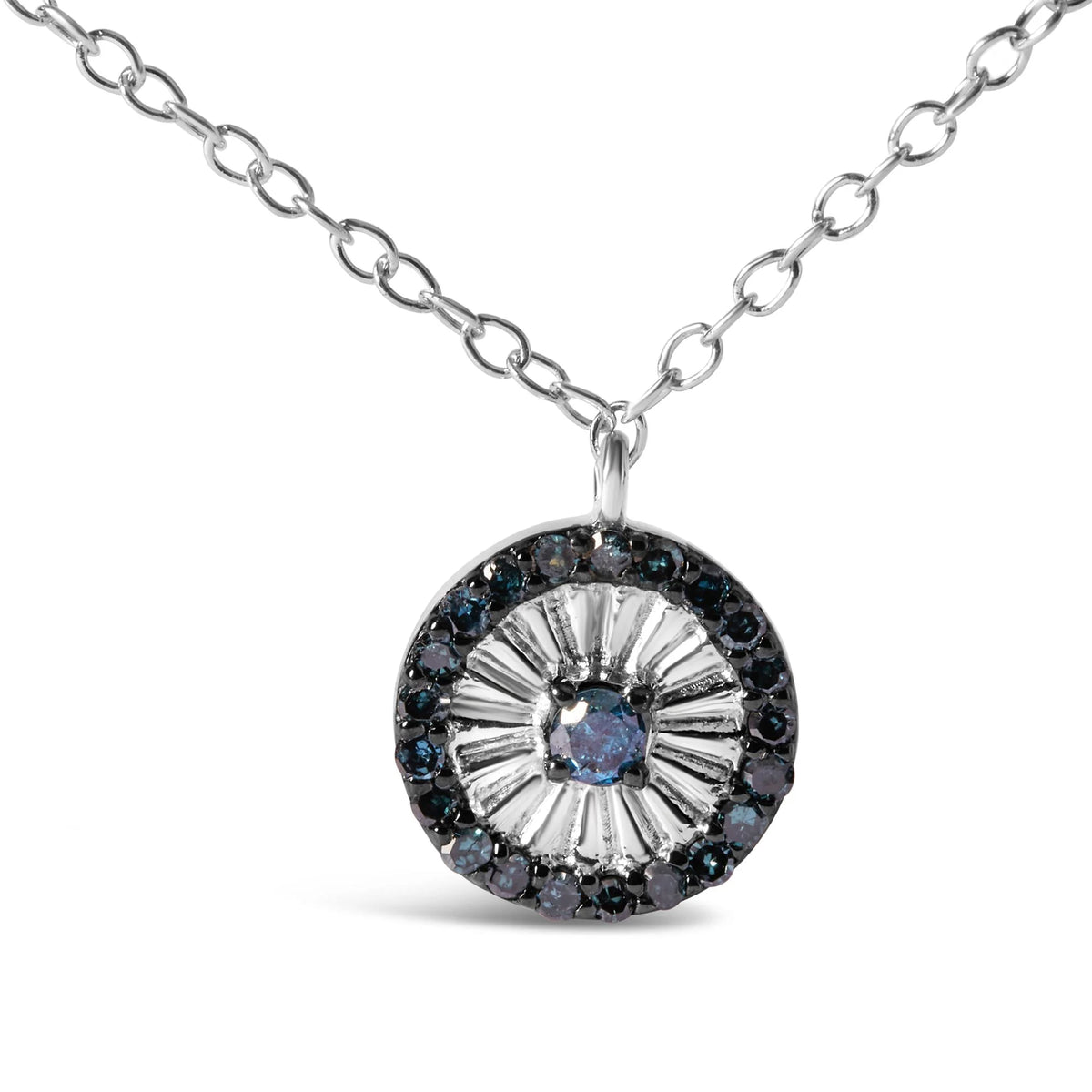 .925 Sterling Silver 1/6 Cttw Blue Diamond Wheel and Spoke Pendant Necklace (Blue Color, I2-I3 Clarity) - 18&quot;