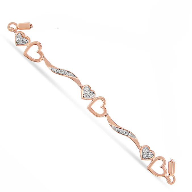 .925 Sterling Silver 1/10 Cttw Diamond Wave and Hearts 4”-10” Adjustable Bolo Bracelet (I-J Color, I3 Clarity)