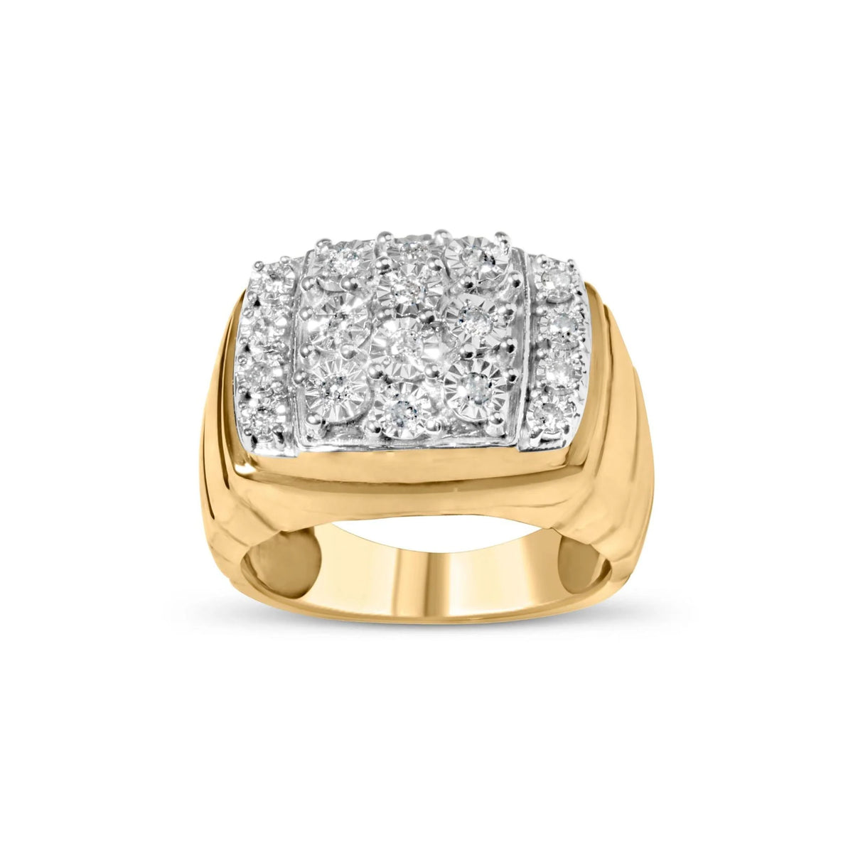 14K Yellow Gold Plated .925 Sterling Silver 3/8 Cttw Diamond Miracle Set Mens Cluster Cocktail Ring (I-J Color, I3 Clarity)