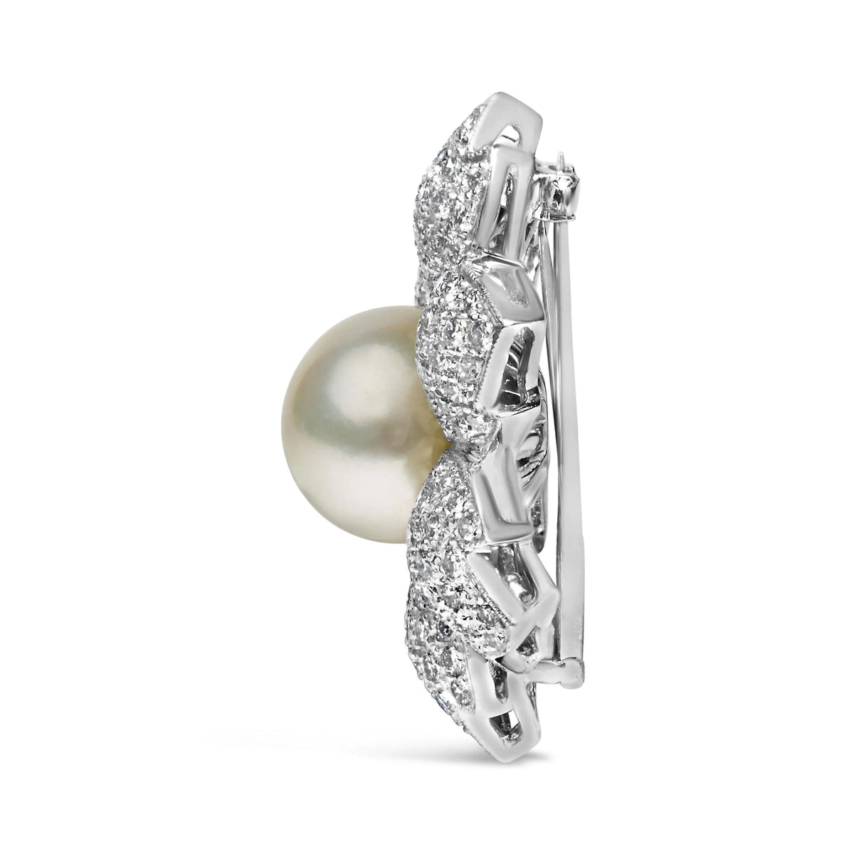 18K 2 3/4 Cttw Diamond and 12.5 MM Cultured Freshwater Pearl Floral Brooch Pin (G - H Color, VS1 - VS2 Clarity) - LinkagejewelrydesignLinkagejewelrydesign