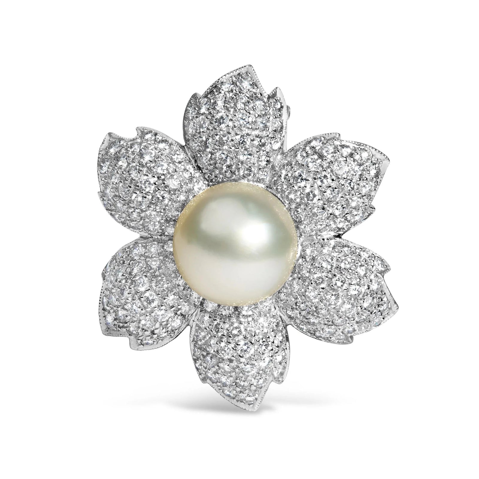 18K 2 3/4 Cttw Diamond and 12.5 MM Cultured Freshwater Pearl Floral Brooch Pin (G - H Color, VS1 - VS2 Clarity) - LinkagejewelrydesignLinkagejewelrydesign