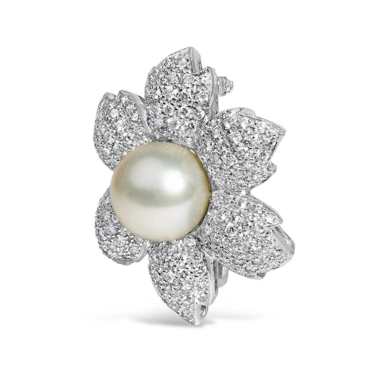 18K 2 3/4 Cttw Diamond and 12.5 MM Cultured Freshwater Pearl Floral Brooch Pin (G - H Color, VS1 - VS2 Clarity) - LinkagejewelrydesignLinkagejewelrydesign