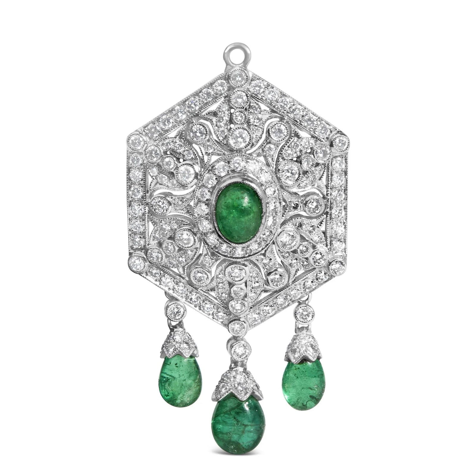 18K 2 3/4 Cttw Diamond and Emerald Dangle Art Deco Shield Brooch Pin Pendant (G - H Color, VS1 - VS2 Clarity) CHAIN NOT INCLUDED - LinkagejewelrydesignLinkagejewelrydesign