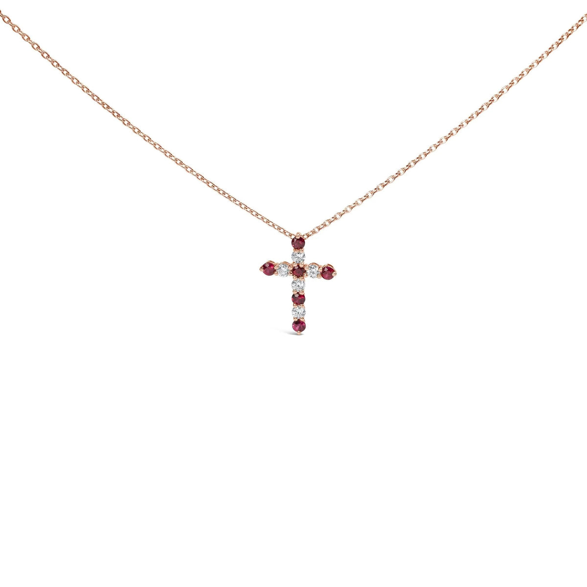 18K Rose Gold 1/2 Cttw Diamond and 2.9MM Round Red Ruby 11 Stone Cross 18" Pendant Necklace (F - G Color, VS2 - SI1 Clarity) - LinkagejewelrydesignLinkagejewelrydesign