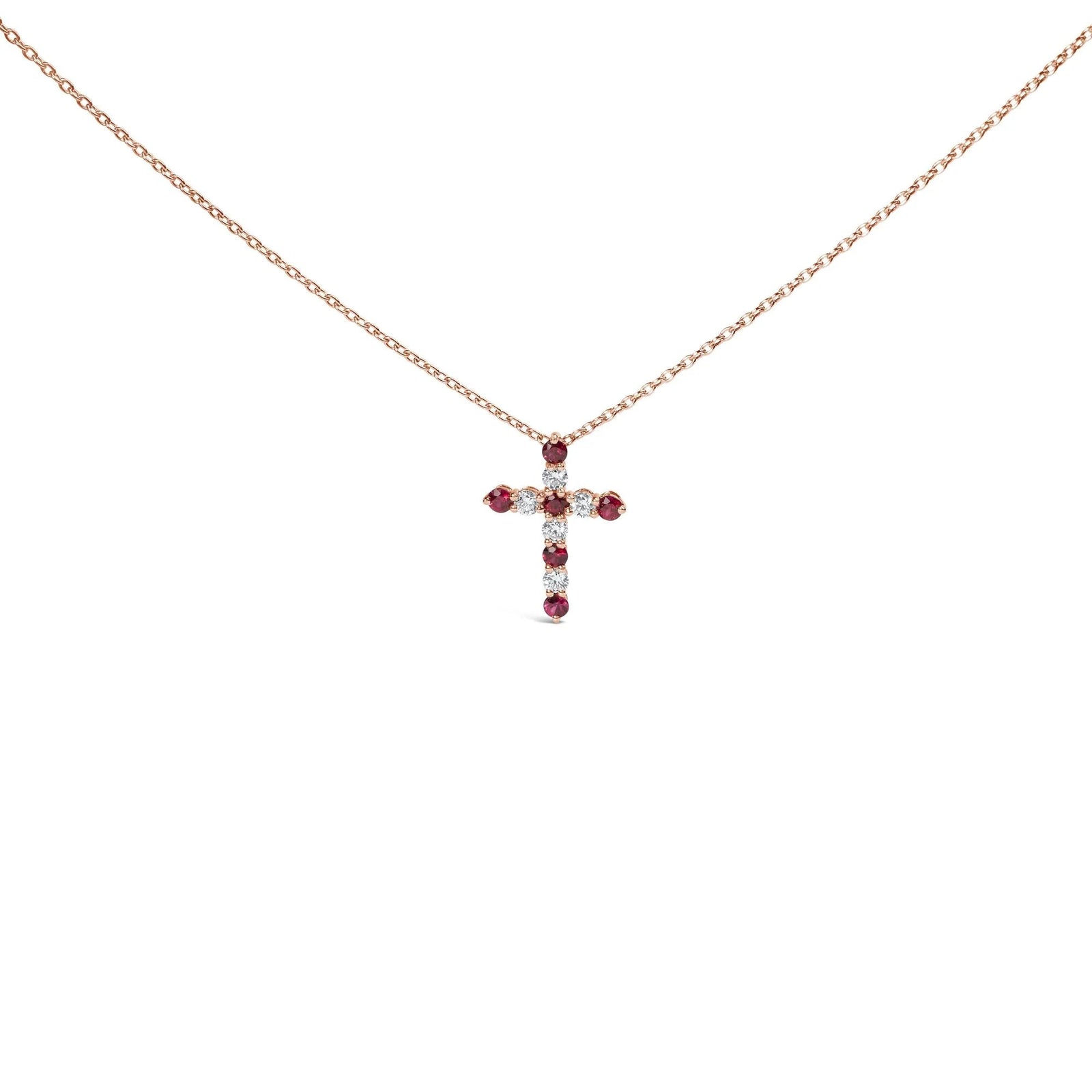 18K Rose Gold 1/2 Cttw Diamond and 2.9MM Round Red Ruby 11 Stone Cross 18" Pendant Necklace (F - G Color, VS2 - SI1 Clarity) - LinkagejewelrydesignLinkagejewelrydesign