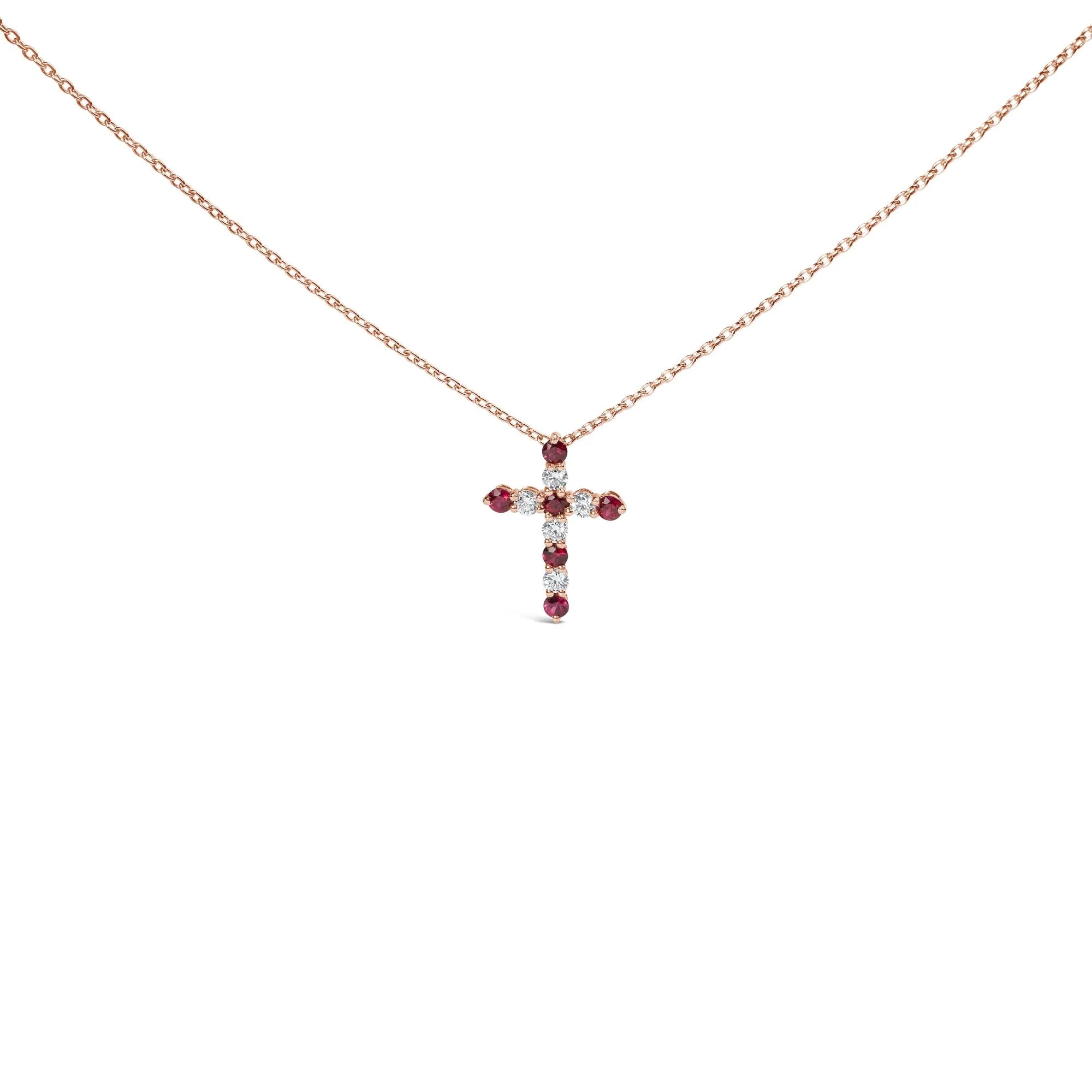 18K Rose Gold 1/2 Cttw Diamond and 2.9MM Round Red Ruby 11 Stone Cross 18" Pendant Necklace (F - G Color, VS2 - SI1 Clarity) - LinkagejewelrydesignLinkagejewelrydesign
