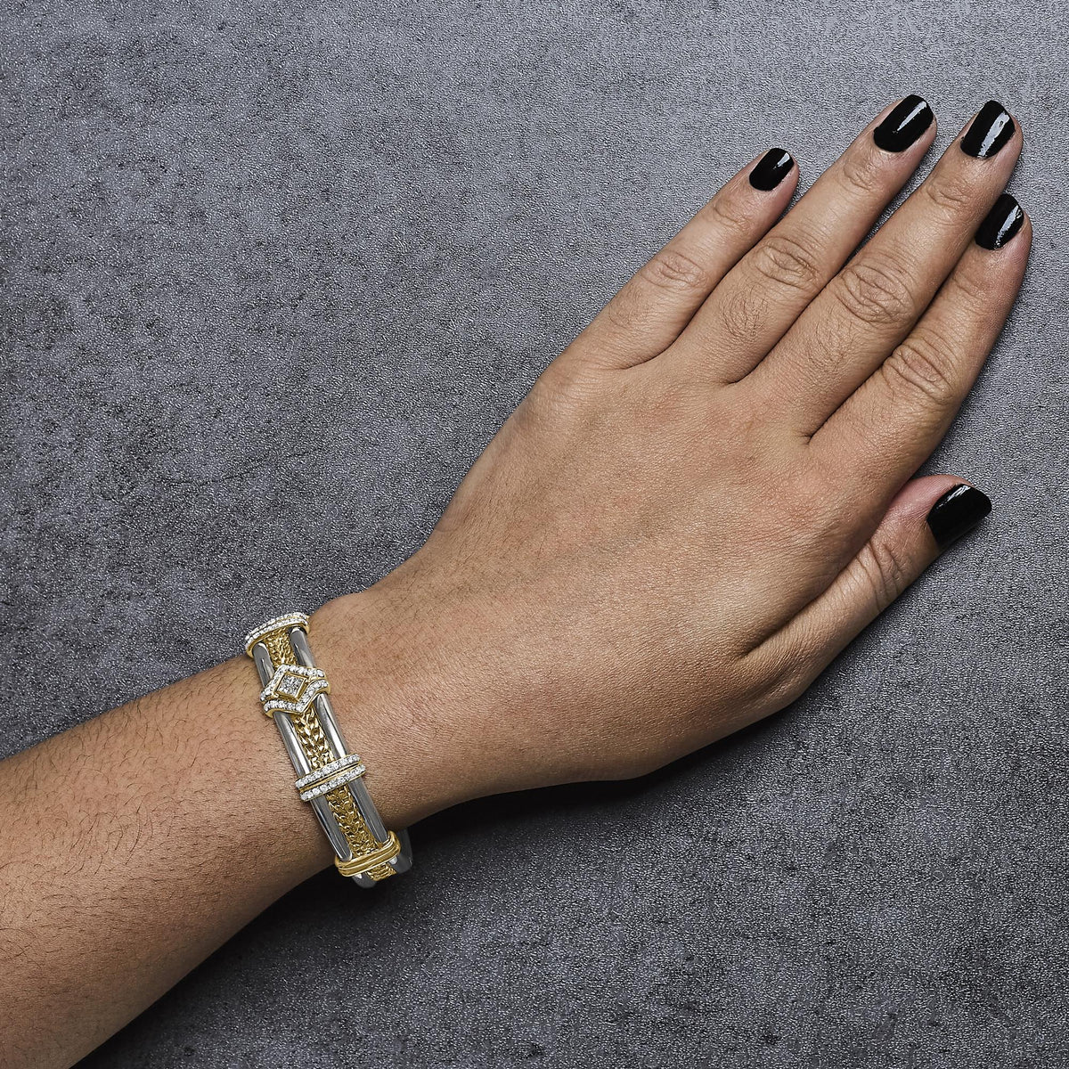 18K Two - Tone Gold 1 1/2 Cttw Diamond Open Cuff Bangle Bracelet Braided Detail Geometric Centerpiece (G - H Color, VS1 - VS2 Clarity) - LinkagejewelrydesignLinkagejewelrydesign