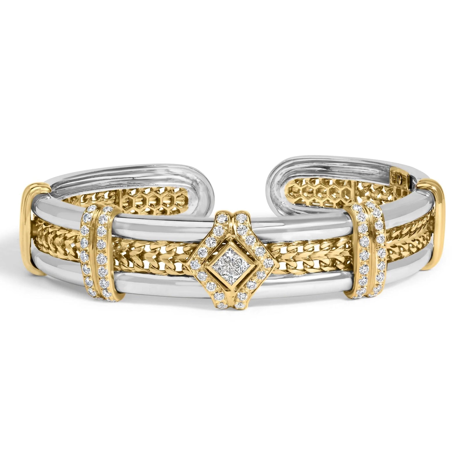 18K Two - Tone Gold 1 1/2 Cttw Diamond Open Cuff Bangle Bracelet Braided Detail Geometric Centerpiece (G - H Color, VS1 - VS2 Clarity) - LinkagejewelrydesignLinkagejewelrydesign