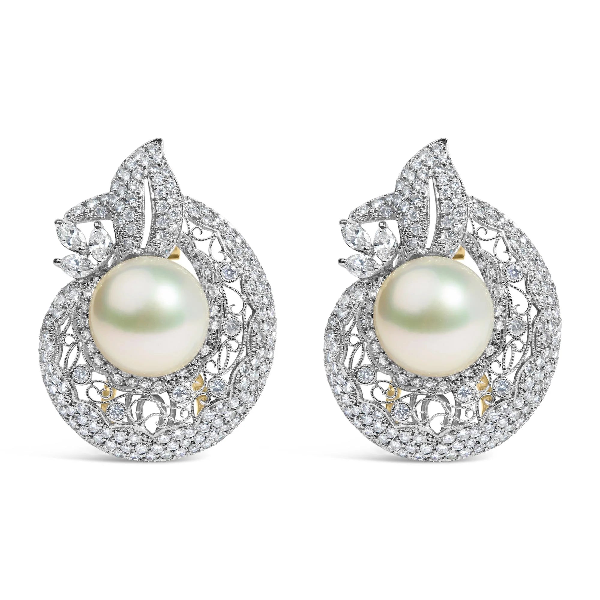 18K White and Yellow Gold 1 1/2 Cttw Diamond and 14MM Cultured Freshwater Pearls Vintage Inspired Filigree Hoop Earrings (F - G Color, VS1 - VS2 Clarity) - LinkagejewelrydesignLinkagejewelrydesign