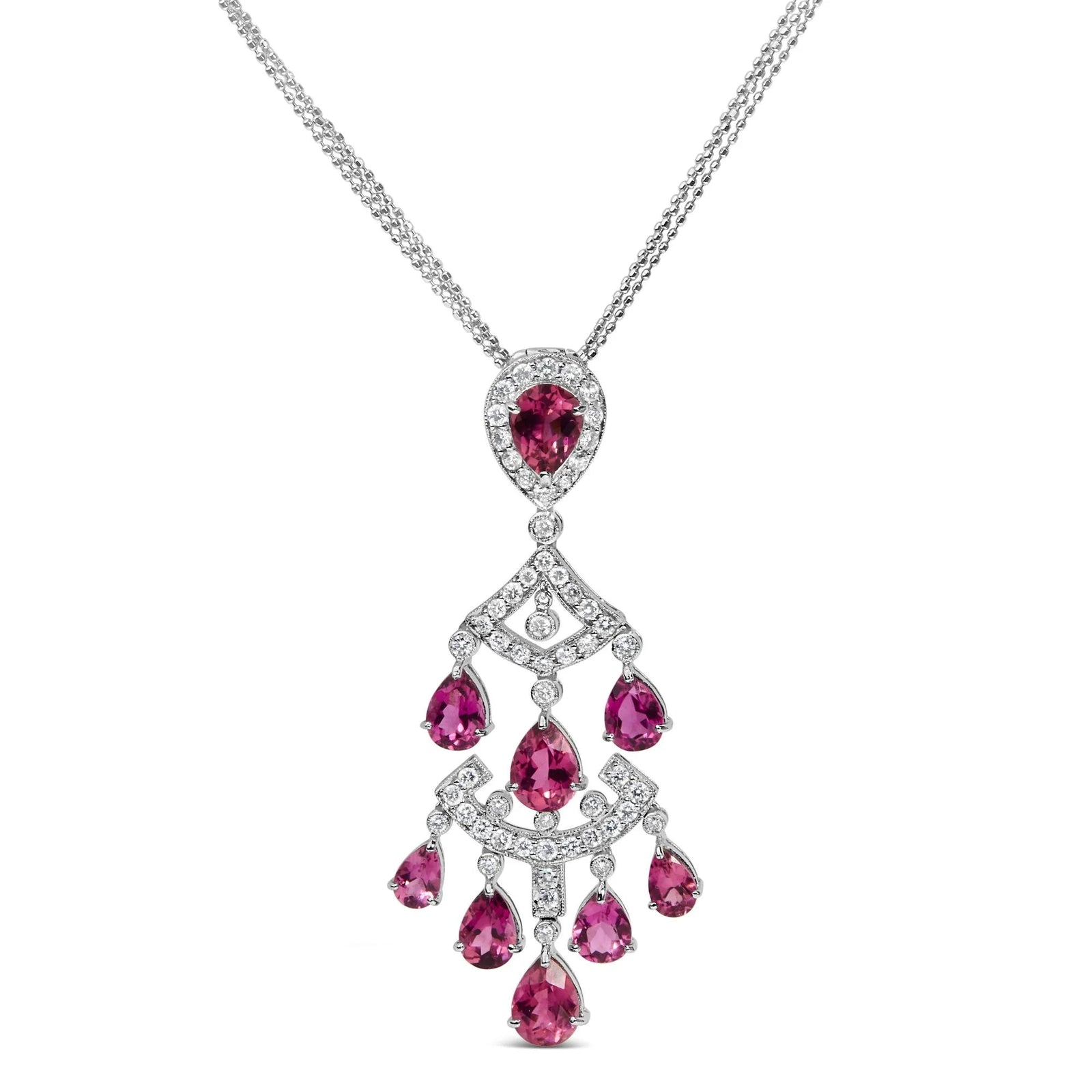 18K White Gold 1 1/10 Cttw Diamond and Pink Tourmaline Double - Strand Art Deco Inspired Chandelier 18" Pendant Necklace (F - G Color, VVS2 - VS1 Clarity) - LinkagejewelrydesignLinkagejewelrydesign
