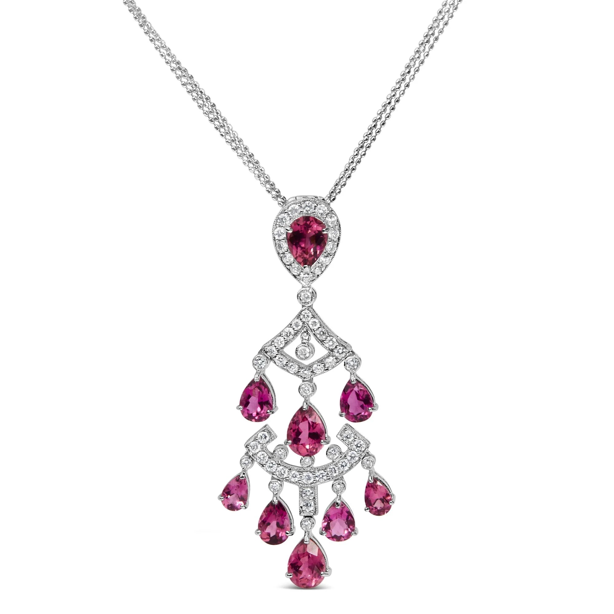 18K White Gold 1 1/10 Cttw Diamond and Pink Tourmaline Double - Strand Art Deco Inspired Chandelier 18" Pendant Necklace (F - G Color, VVS2 - VS1 Clarity) - LinkagejewelrydesignLinkagejewelrydesign