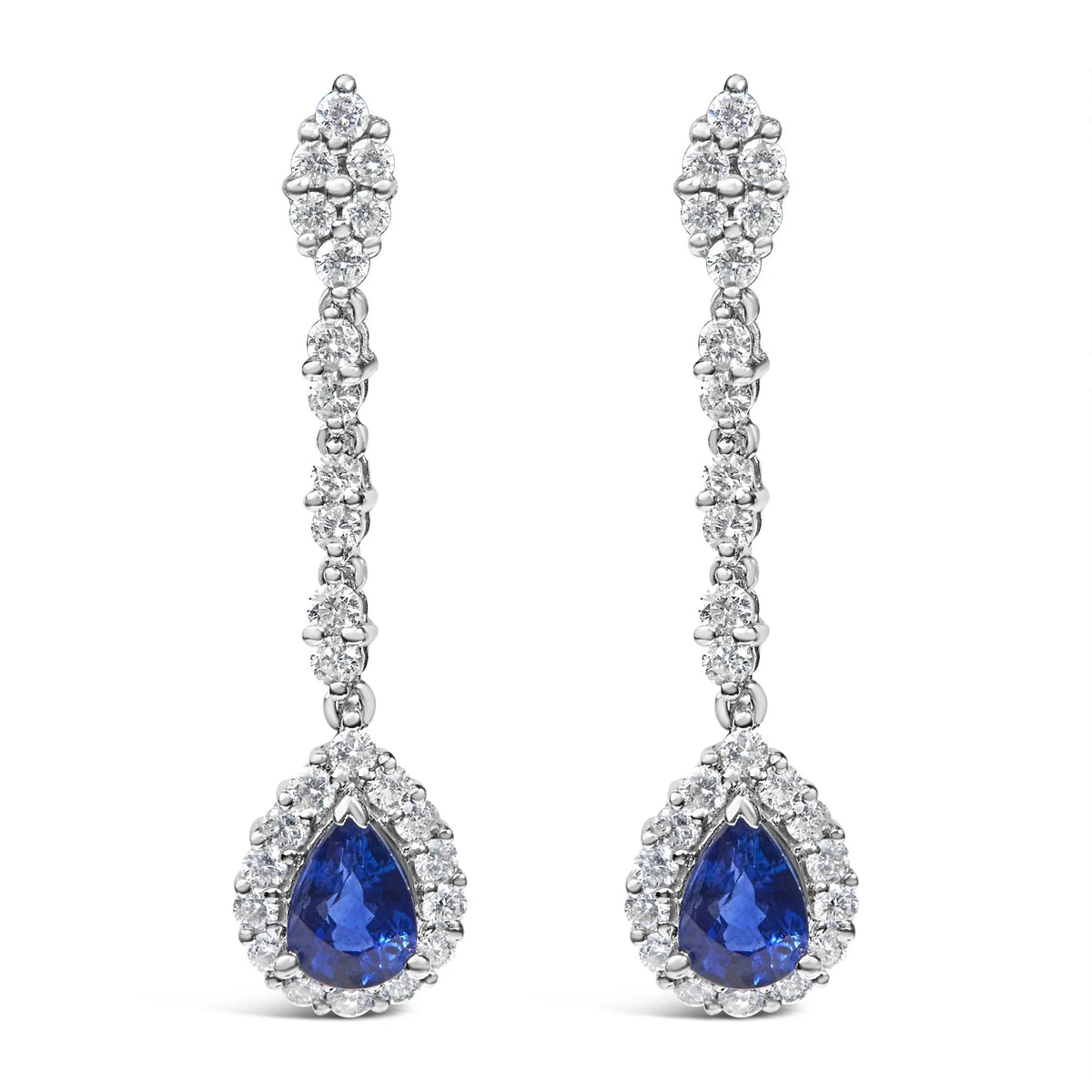 18K White Gold 1 3/5 Cttw Diamond and 7X5 MM Pear Shaped Blue Sapphire 1 1/3 Inch Drop and Dangle Halo Earrings (G - H Color, VS1 - VS2 Clarity) - LinkagejewelrydesignLinkagejewelrydesign