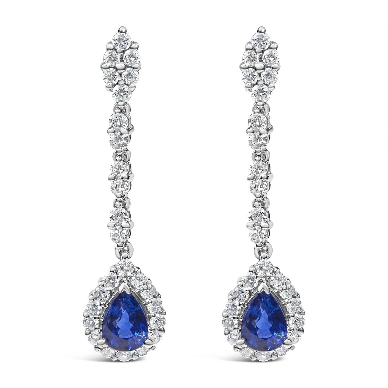 18K White Gold 1 3/5 Cttw Diamond and 7X5 MM Pear Shaped Blue Sapphire 1 1/3 Inch Drop and Dangle Halo Earrings (G - H Color, VS1 - VS2 Clarity) - LinkagejewelrydesignLinkagejewelrydesign