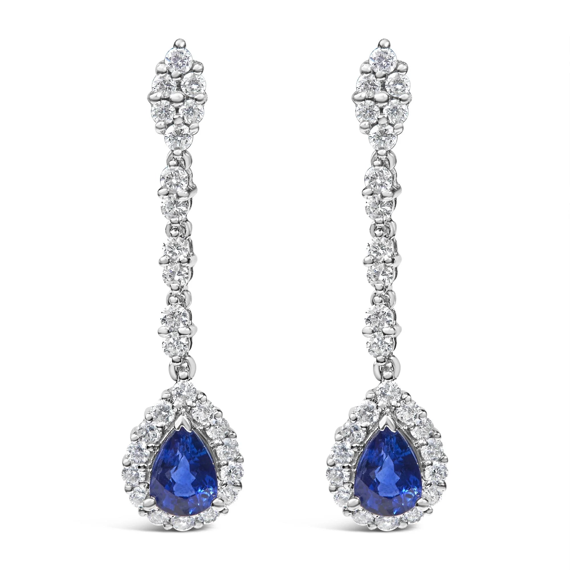 18K White Gold 1 3/5 Cttw Diamond and 7X5 MM Pear Shaped Blue Sapphire 1 1/3 Inch Drop and Dangle Halo Earrings (G - H Color, VS1 - VS2 Clarity) - LinkagejewelrydesignLinkagejewelrydesign