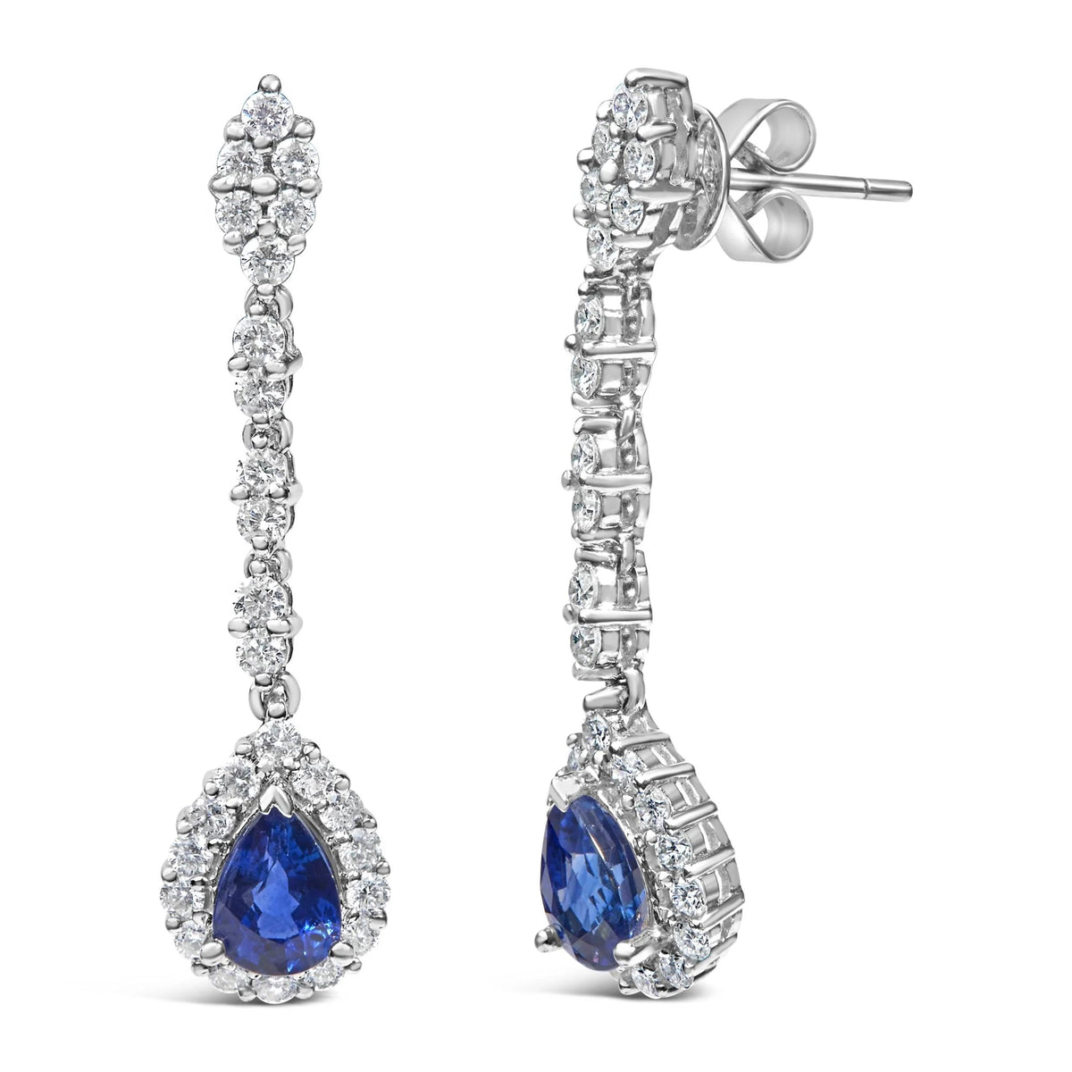 18K White Gold 1 3/5 Cttw Diamond and 7X5 MM Pear Shaped Blue Sapphire 1 1/3 Inch Drop and Dangle Halo Earrings (G - H Color, VS1 - VS2 Clarity) - LinkagejewelrydesignLinkagejewelrydesign
