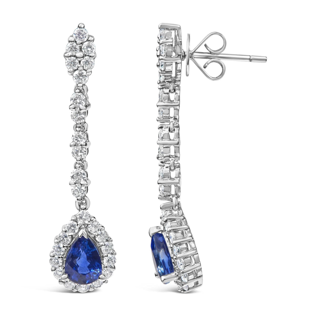 18K White Gold 1 3/5 Cttw Diamond and 7X5 MM Pear Shaped Blue Sapphire 1 1/3 Inch Drop and Dangle Halo Earrings (G - H Color, VS1 - VS2 Clarity) - LinkagejewelrydesignLinkagejewelrydesign