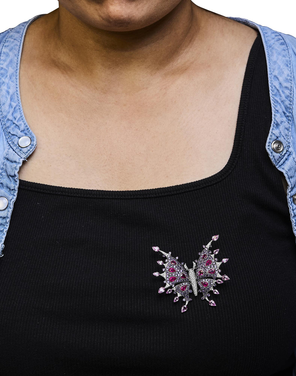 18K White Gold 1.00 Cttw Diamond, Ruby Sapphire, and Amethyst Mixed Gemstone Butterfly Brooch Pin (G - H Color, VS1 - VS2 Clarity) - LinkagejewelrydesignLinkagejewelrydesign