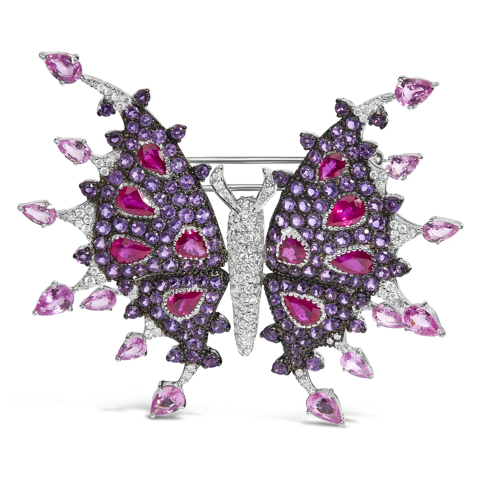 18K White Gold 1.00 Cttw Diamond, Ruby Sapphire, and Amethyst Mixed Gemstone Butterfly Brooch Pin (G - H Color, VS1 - VS2 Clarity) - LinkagejewelrydesignLinkagejewelrydesign