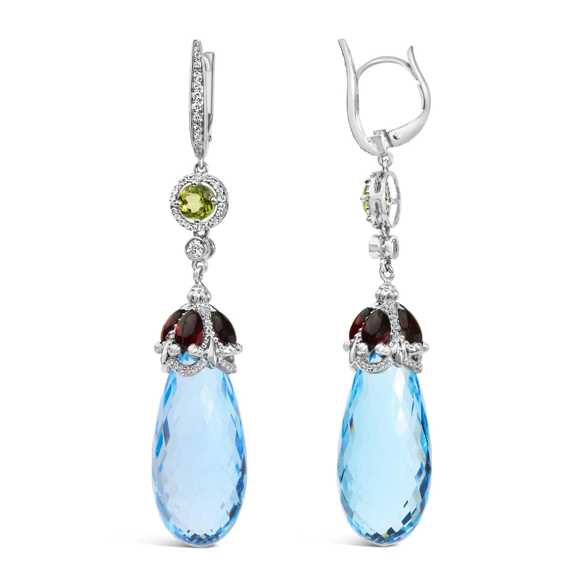 18K White Gold 1/2 Cttw Diamond and 22mm Blue Topaz and Garnet Drop and Dangle Earrings (F - G Color, VS1 - VS2 Clarity) - LinkagejewelrydesignLinkagejewelrydesign