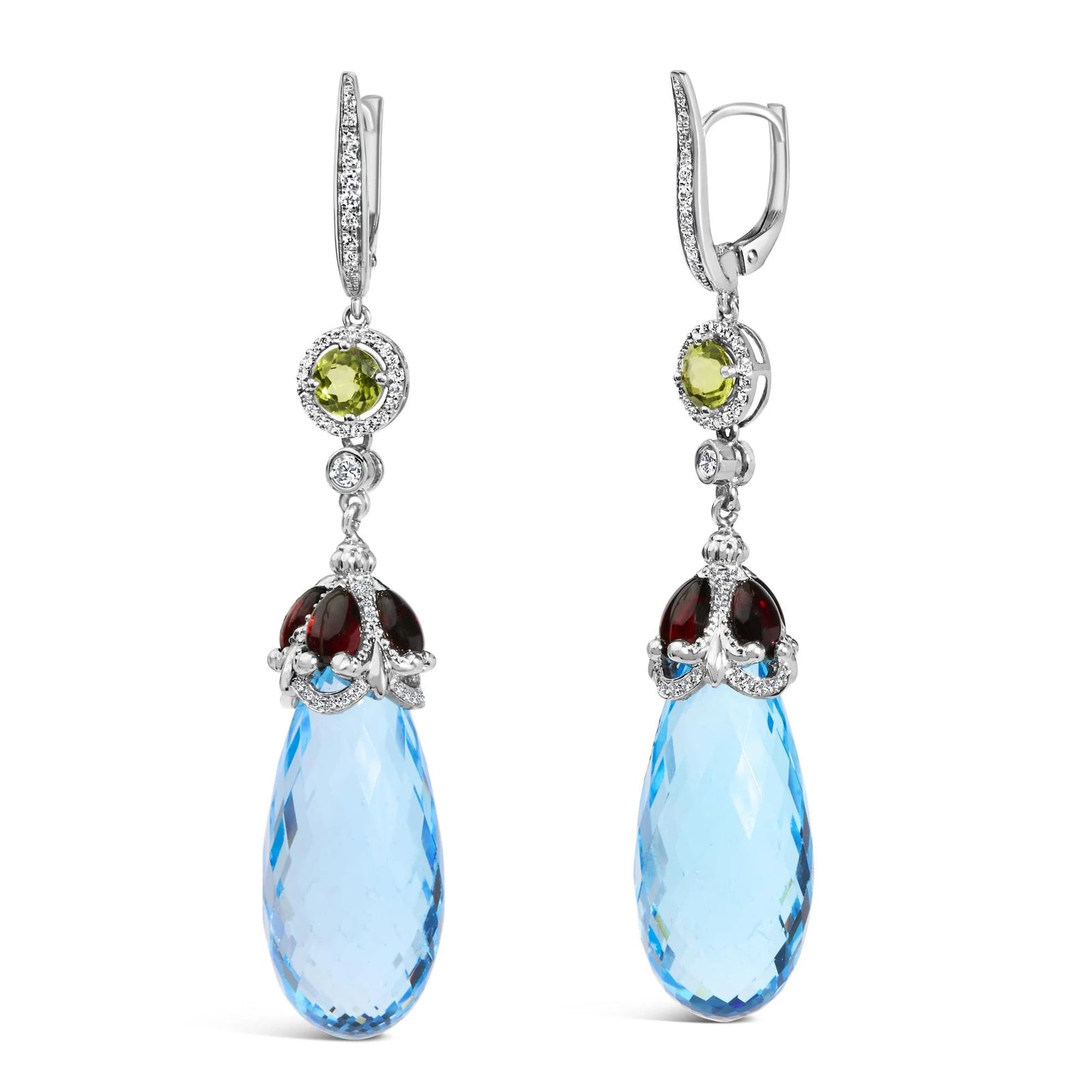 18K White Gold 1/2 Cttw Diamond and 22mm Blue Topaz and Garnet Drop and Dangle Earrings (F - G Color, VS1 - VS2 Clarity) - LinkagejewelrydesignLinkagejewelrydesign