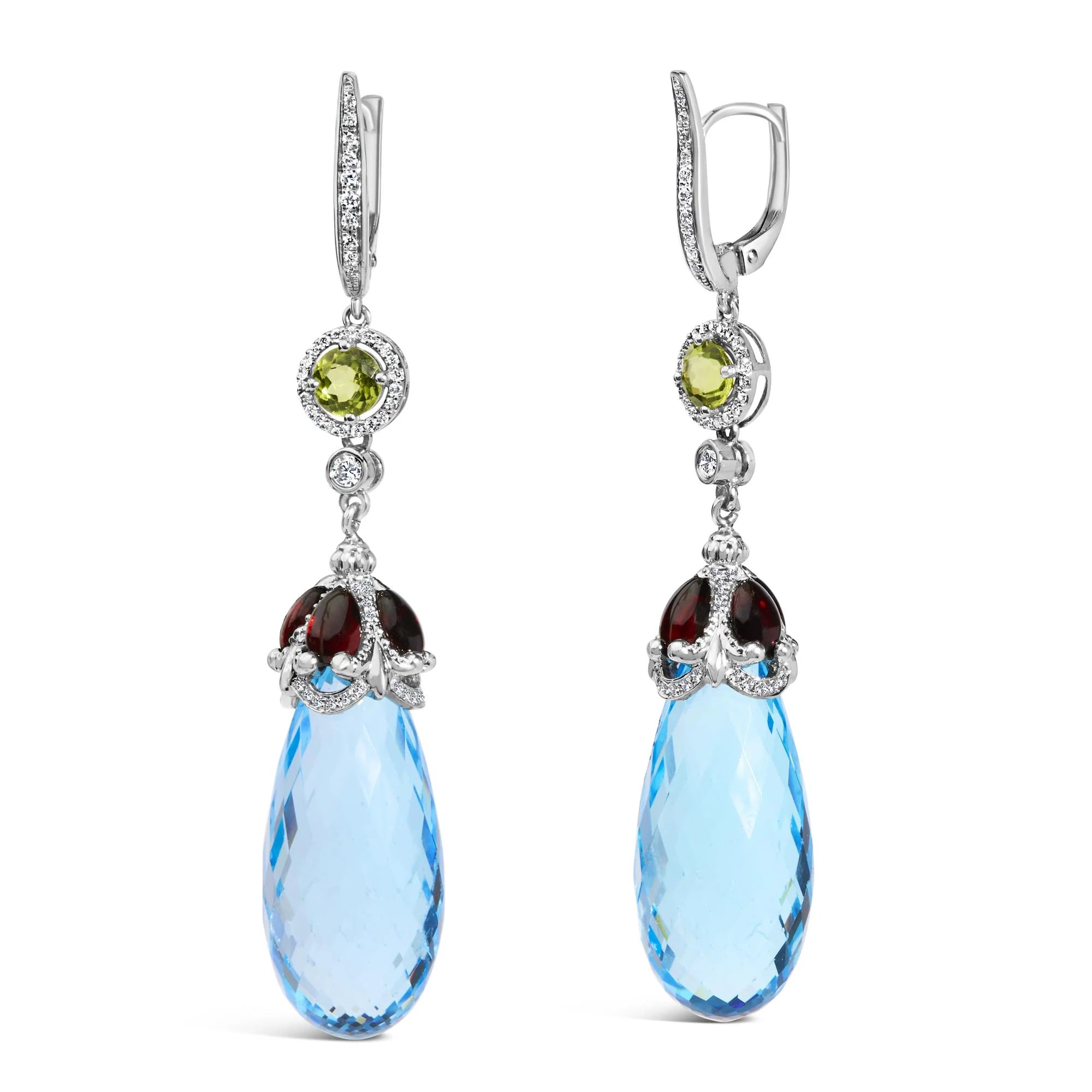 18K White Gold 1/2 Cttw Diamond and 22mm Blue Topaz and Garnet Drop and Dangle Earrings (F - G Color, VS1 - VS2 Clarity) - LinkagejewelrydesignLinkagejewelrydesign
