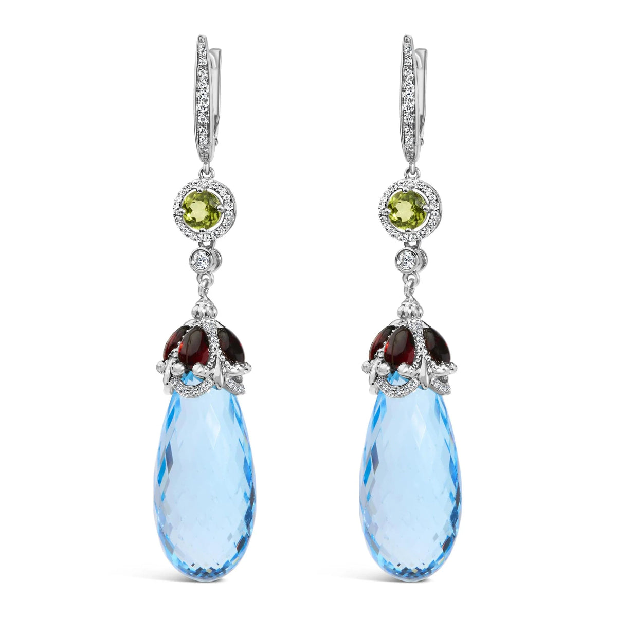 18K White Gold 1/2 Cttw Diamond and 22mm Blue Topaz and Garnet Drop and Dangle Earrings (F - G Color, VS1 - VS2 Clarity) - LinkagejewelrydesignLinkagejewelrydesign