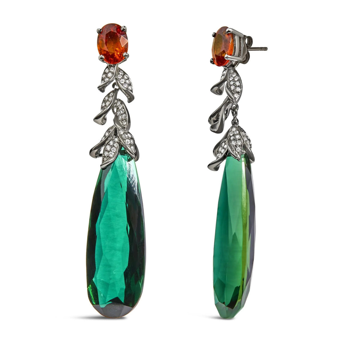 18K White Gold 1/2 Cttw Diamond and Green Quartz Art Deco Inspired 2 1/3" Inch Drop and Dangle Earrings (F - G Color, VS1 - VS2 Clarity) - LinkagejewelrydesignLinkagejewelrydesign