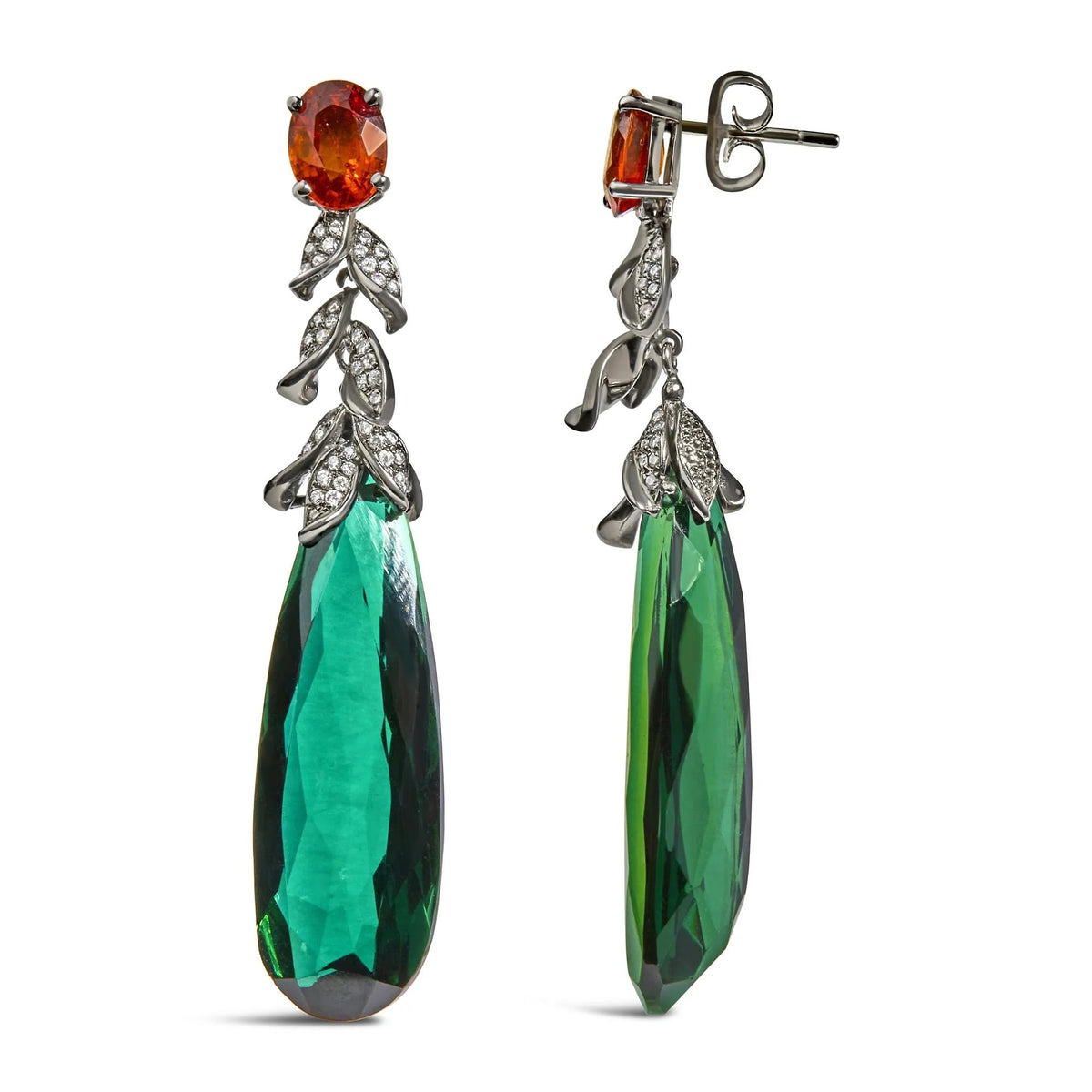 18K White Gold 1/2 Cttw Diamond and Green Quartz Art Deco Inspired 2 1/3" Inch Drop and Dangle Earrings (F - G Color, VS1 - VS2 Clarity) - LinkagejewelrydesignLinkagejewelrydesign