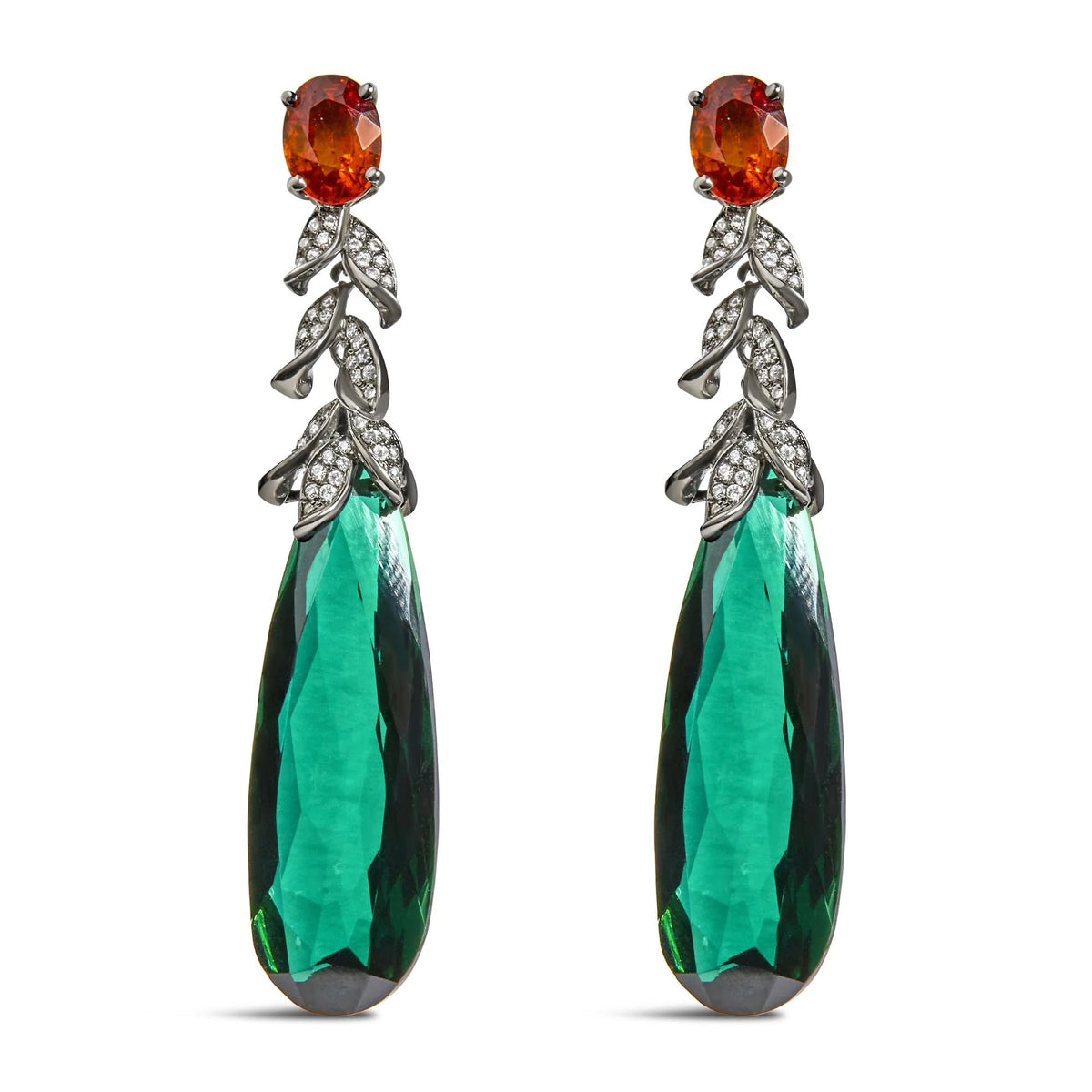 18K White Gold 1/2 Cttw Diamond and Green Quartz Art Deco Inspired 2 1/3" Inch Drop and Dangle Earrings (F - G Color, VS1 - VS2 Clarity) - LinkagejewelrydesignLinkagejewelrydesign