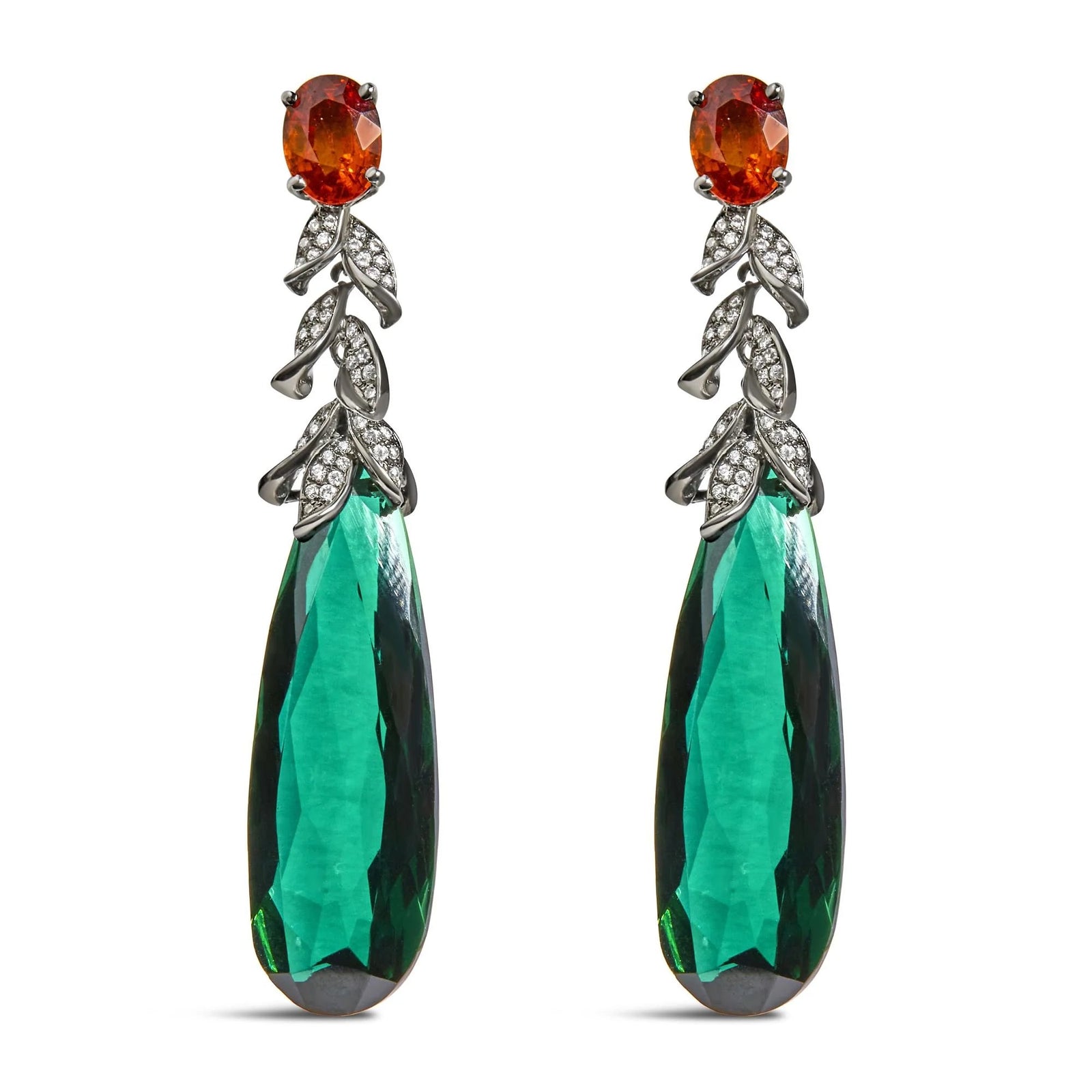 18K White Gold 1/2 Cttw Diamond and Green Quartz Art Deco Inspired 2 1/3" Inch Drop and Dangle Earrings (F - G Color, VS1 - VS2 Clarity) - LinkagejewelrydesignLinkagejewelrydesign