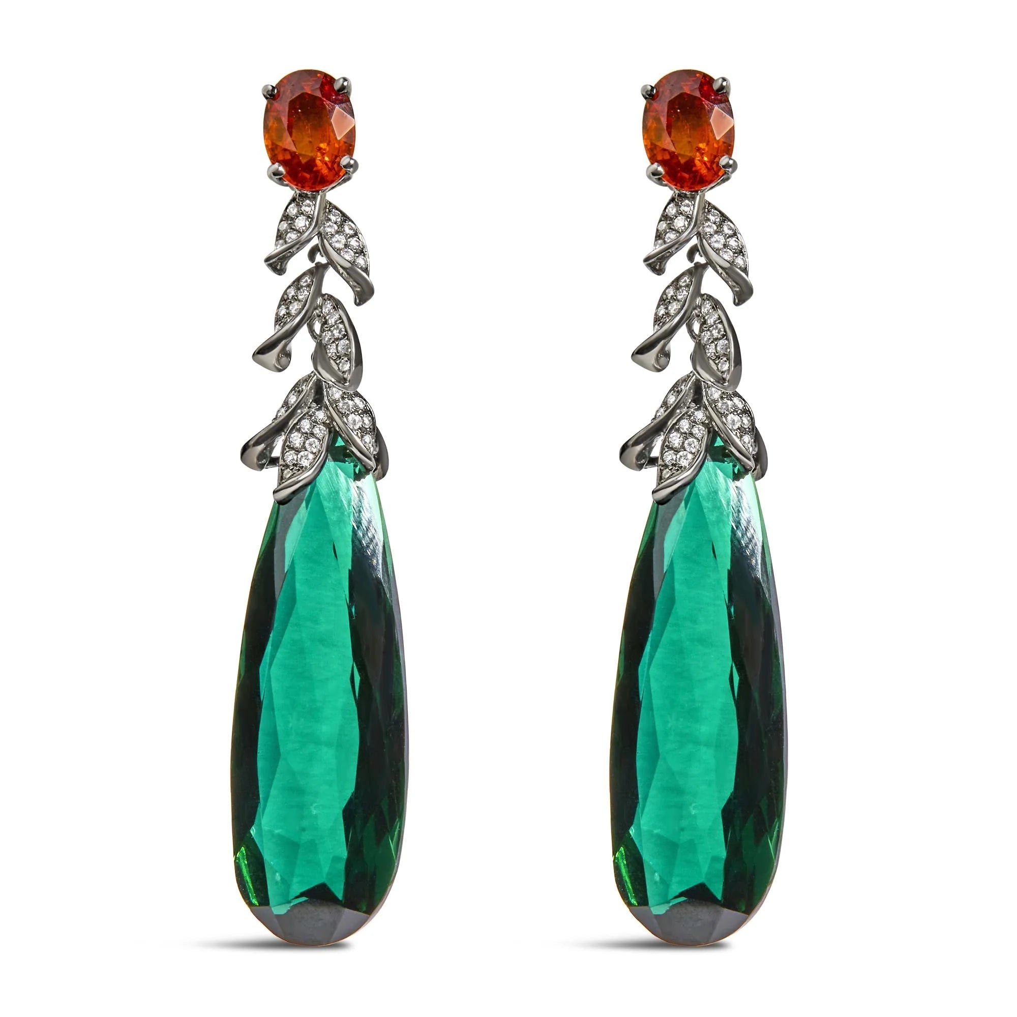 18K White Gold 1/2 Cttw Diamond and Green Quartz Art Deco Inspired 2 1/3" Inch Drop and Dangle Earrings (F - G Color, VS1 - VS2 Clarity) - LinkagejewelrydesignLinkagejewelrydesign