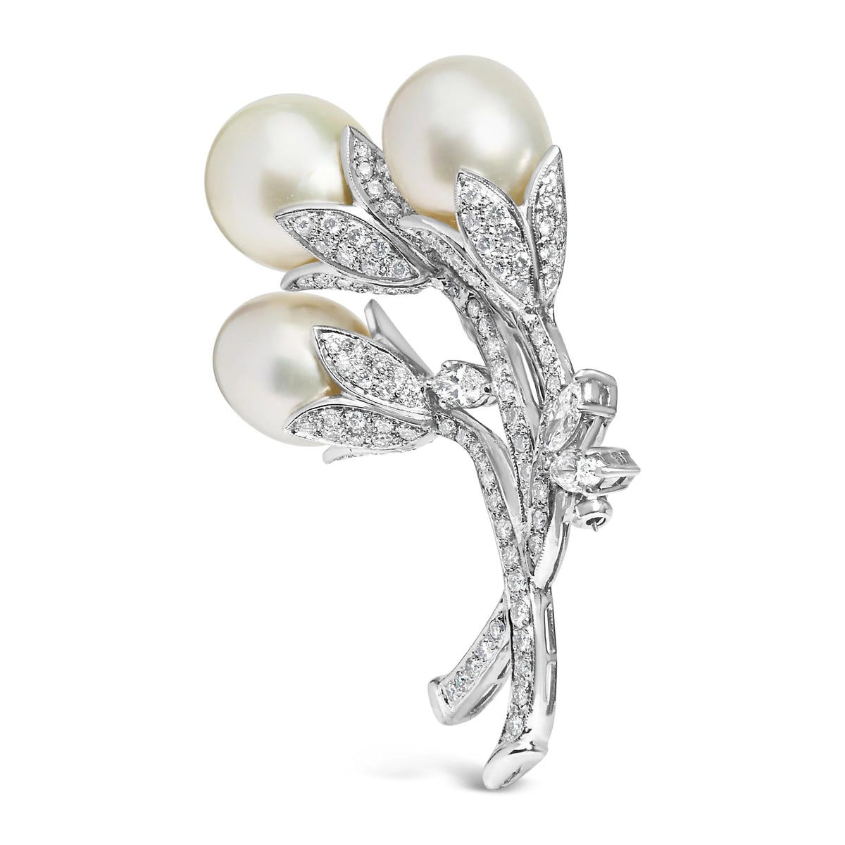 18K White Gold 2 1/5 Cttw Diamond and South Sea Pearl Floral Brooch Pin (G - H Color, VS1 - VS2 Clarity) - LinkagejewelrydesignLinkagejewelrydesign